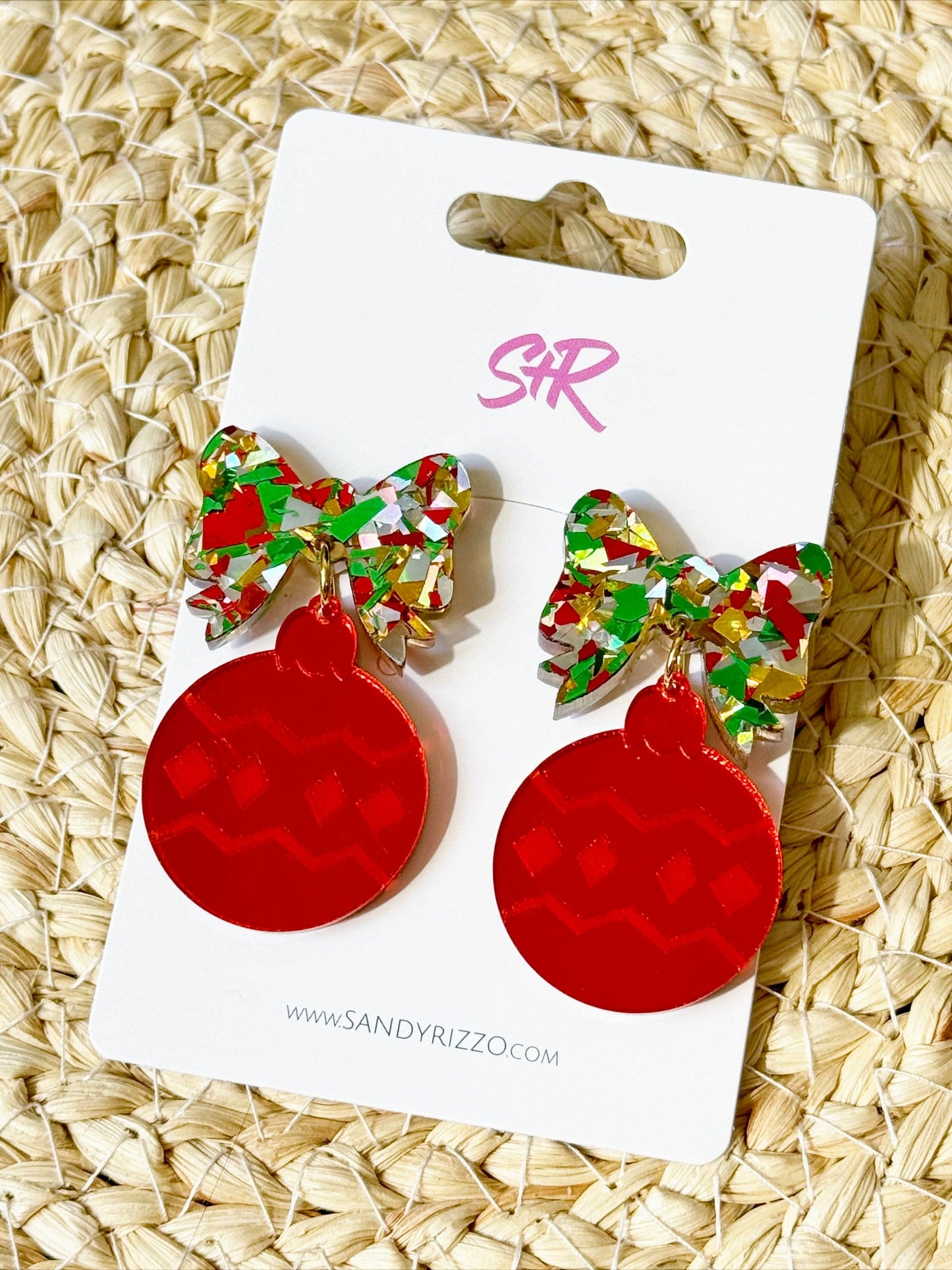 Red Ornament with Traditional Confetti Bow Dangle Earring