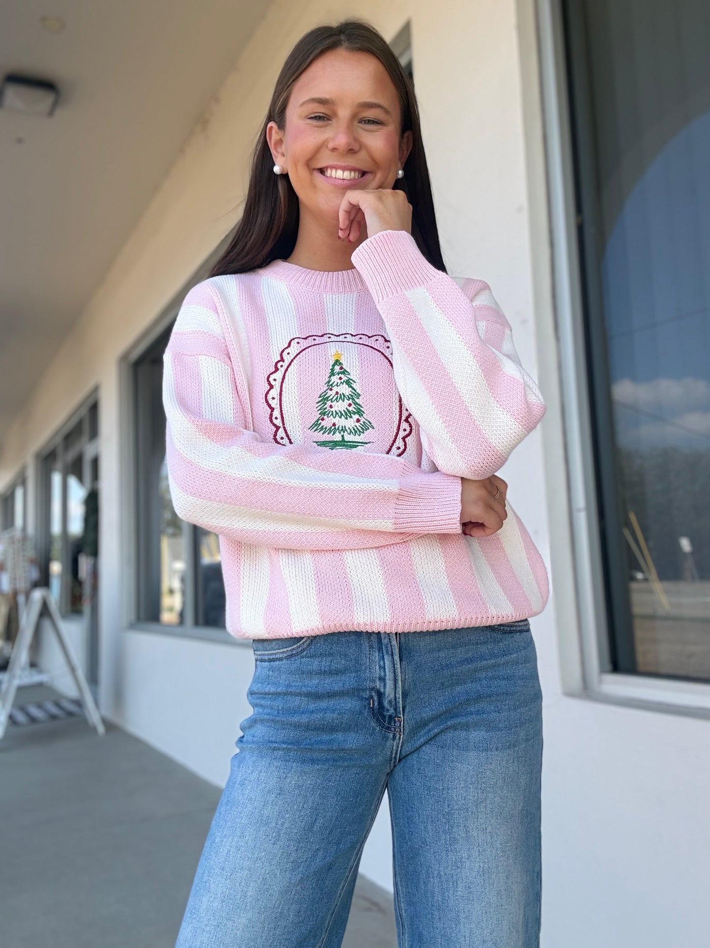 Christmas Tree Classic Pink Stripe Sweater