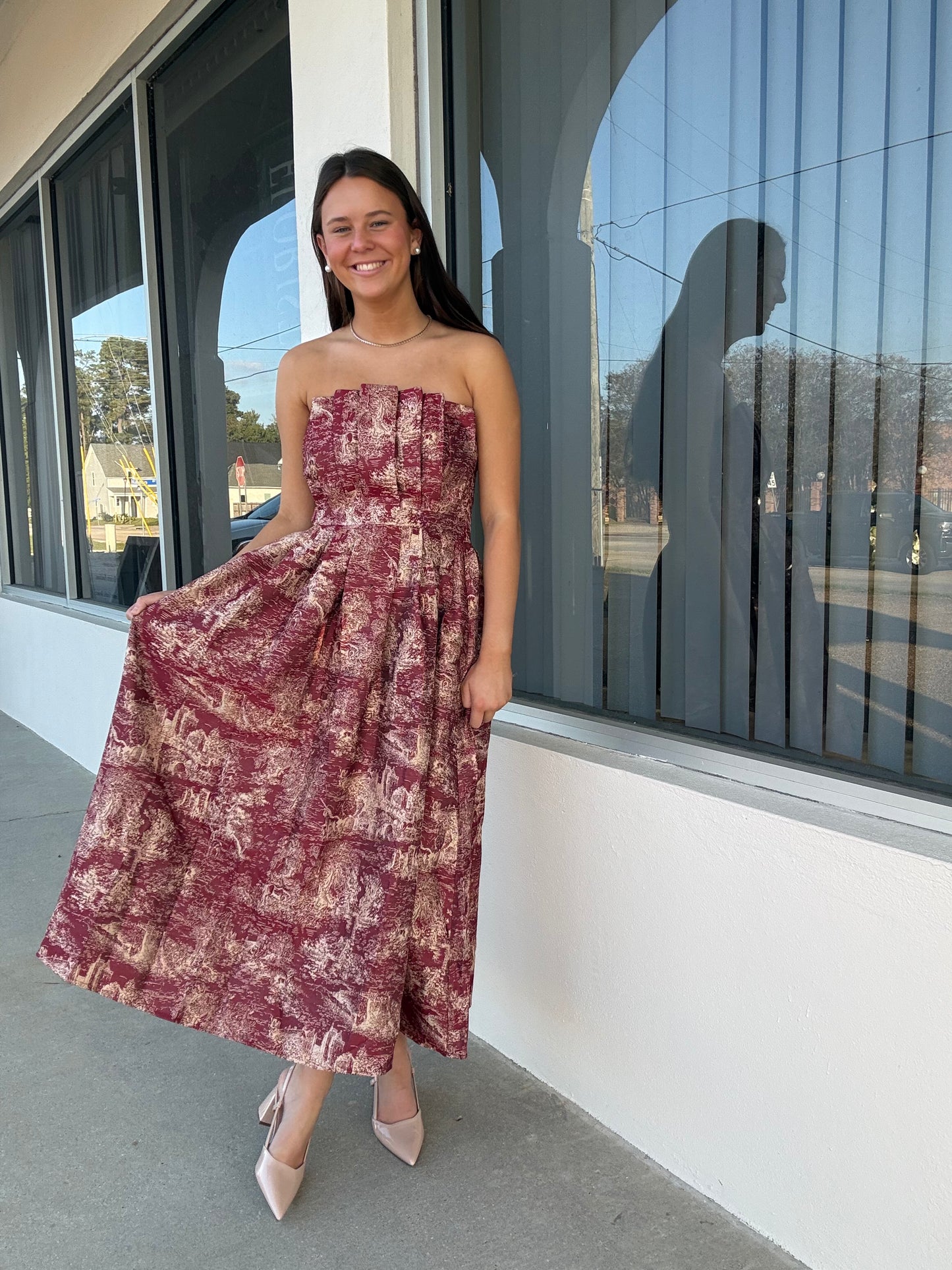 Burgundy & Gold Toile Midi Dress