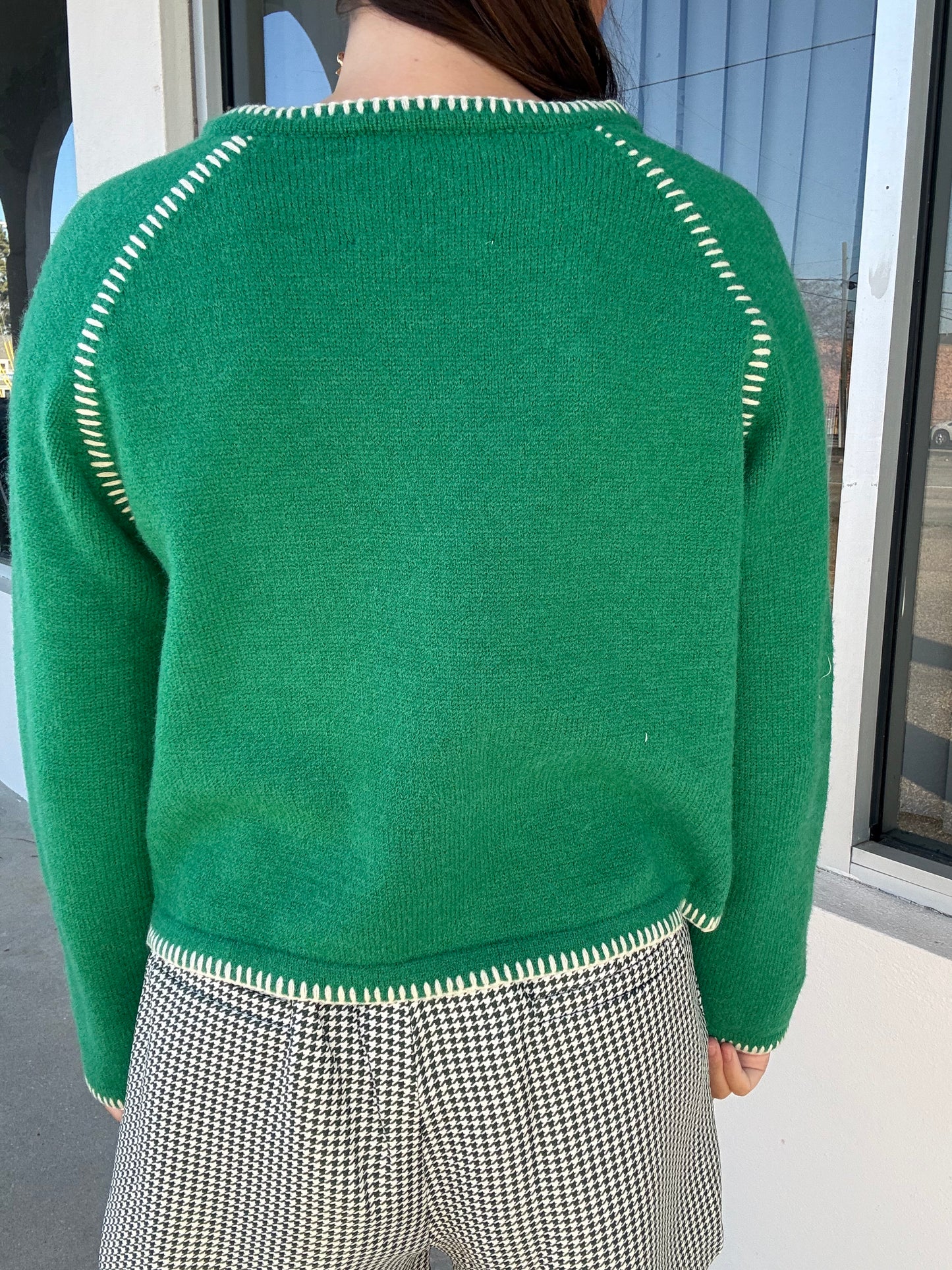 Green Sweater With Ivory Stitching