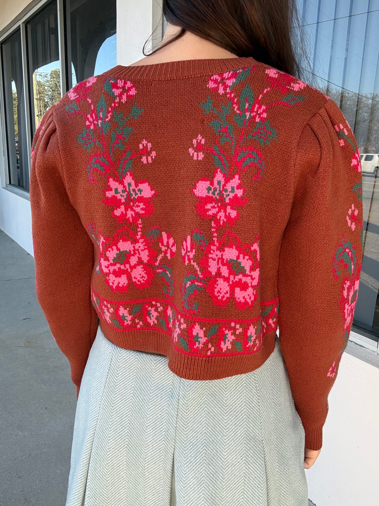 Brown Floral Bow Sweater