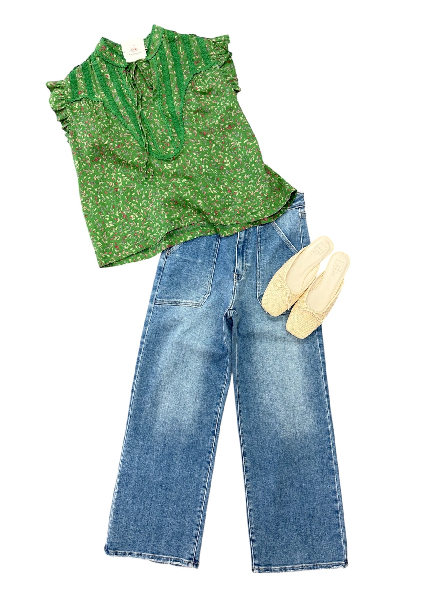 All Cotton Leaf Print Green Flutter Sleeve Top