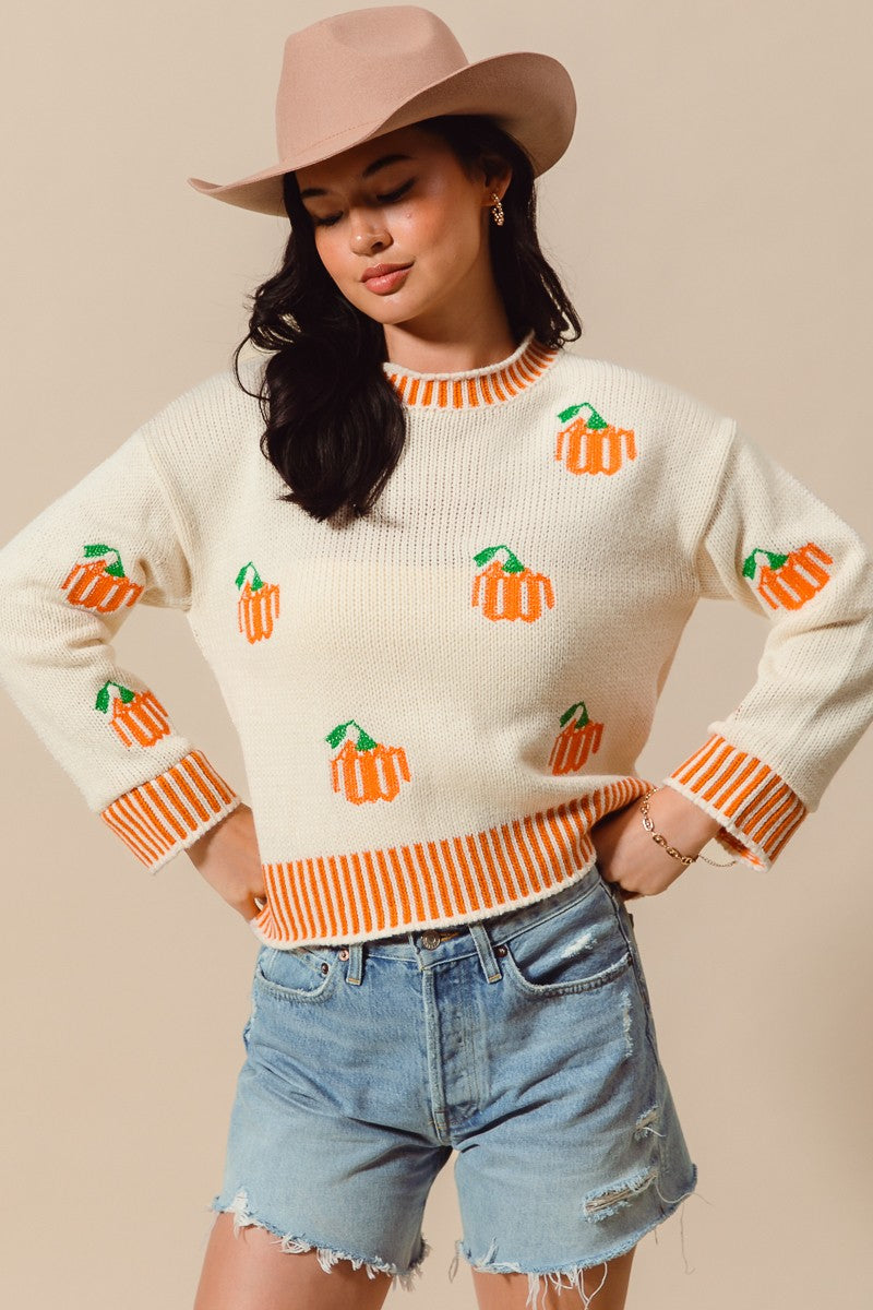 Pumpkin Ribbed Cuff Ivory Sweater