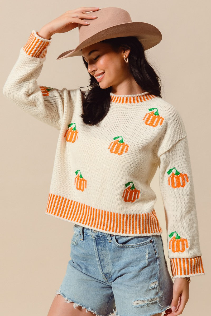 Pumpkin Ribbed Cuff Ivory Sweater
