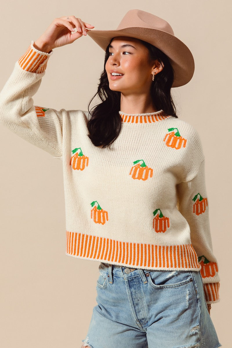 Pumpkin Ribbed Cuff Ivory Sweater