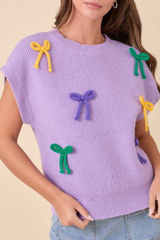 Mardi Gras Ribbon Bow Knit Top