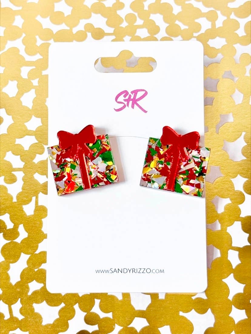 Traditional Confetti Acrylic Christmas Present Stud Earring