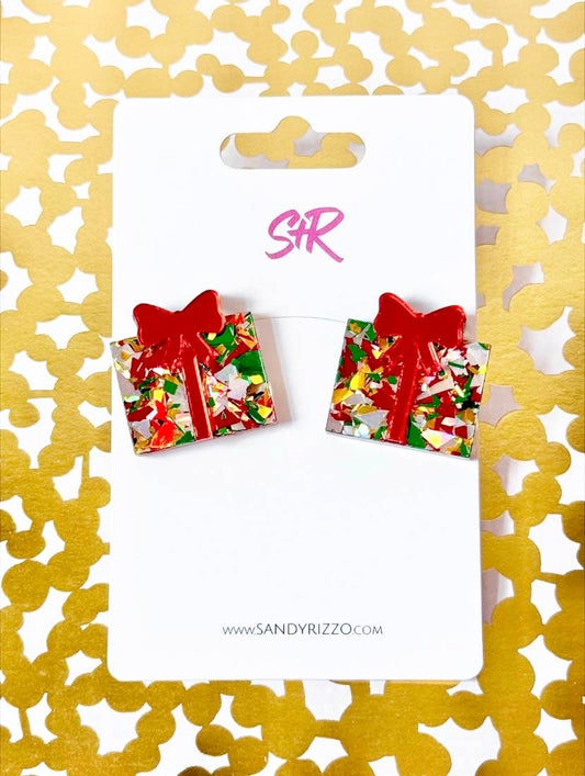 Traditional Confetti Acrylic Christmas Present Stud Earring