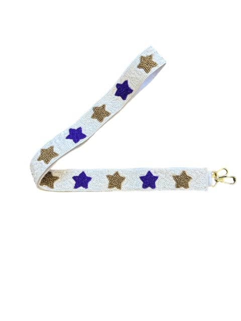 LSU Sequin Bag Strap - White w/ Purple & Gold Stars