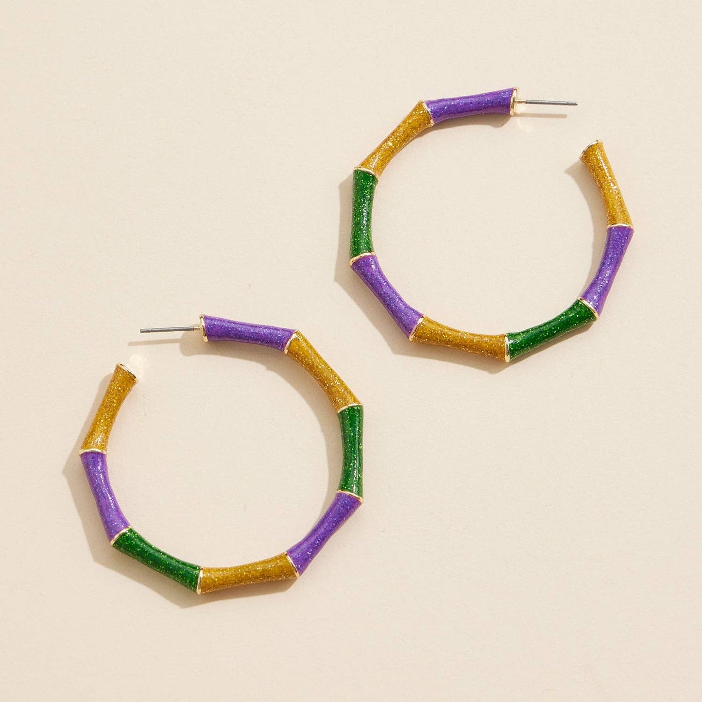 Bamboo Style Mardi Gras Glitter Hoop Earrings