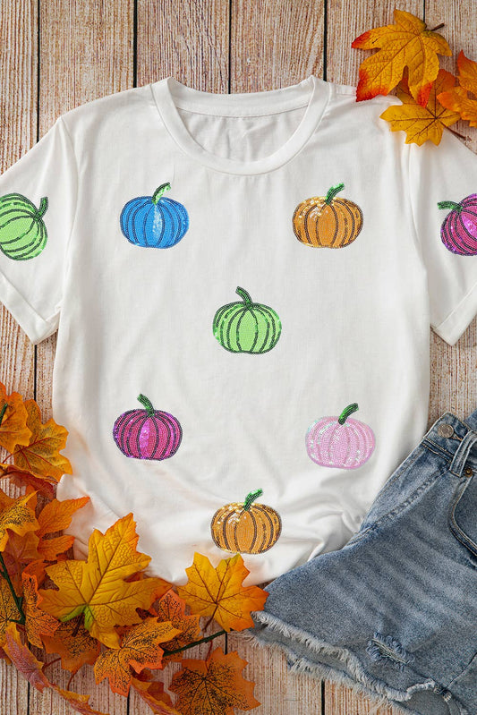 Multi Color White Sequin Pumpkin Tee