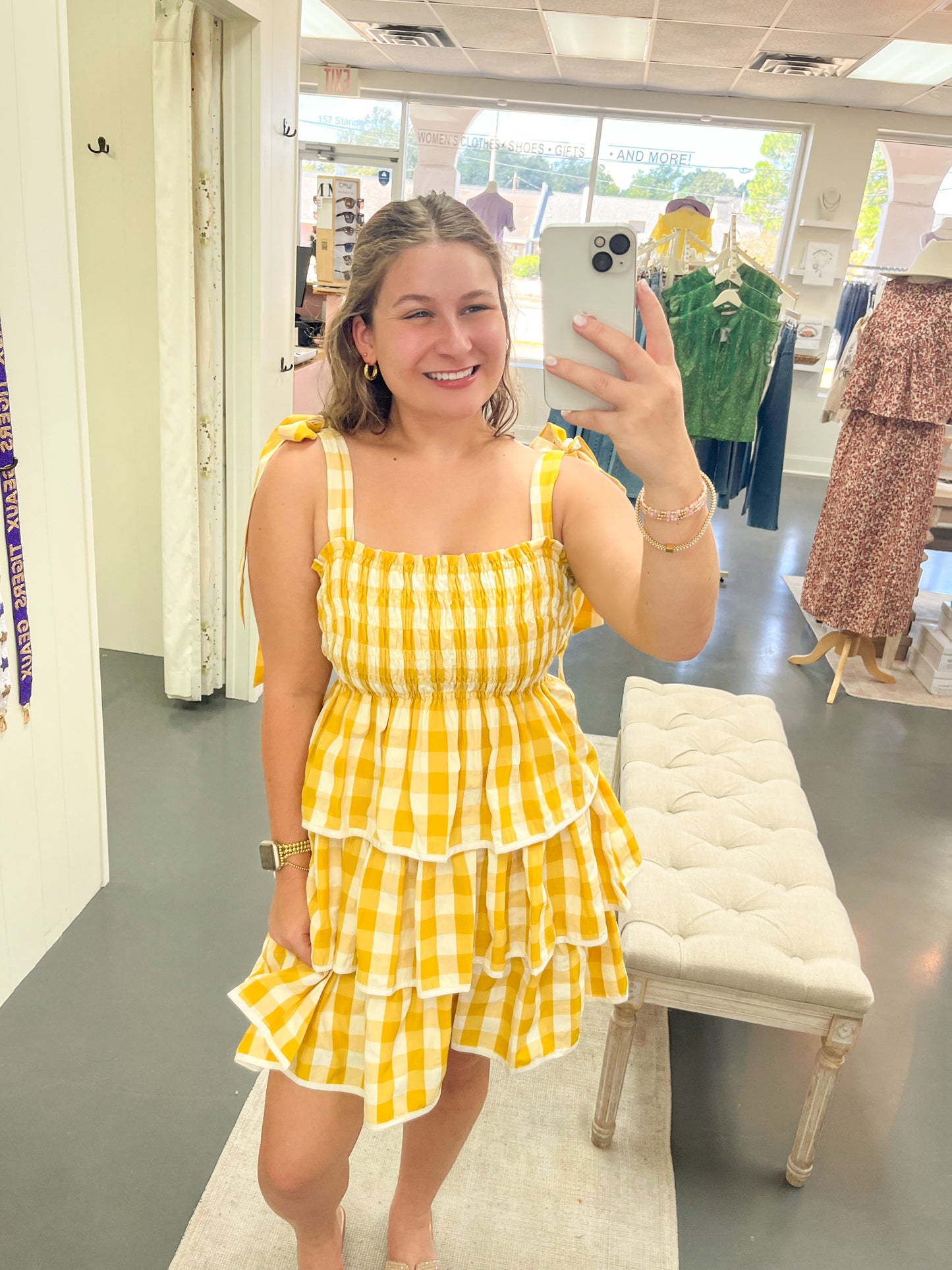 Gingham Mustard Tiered Dress