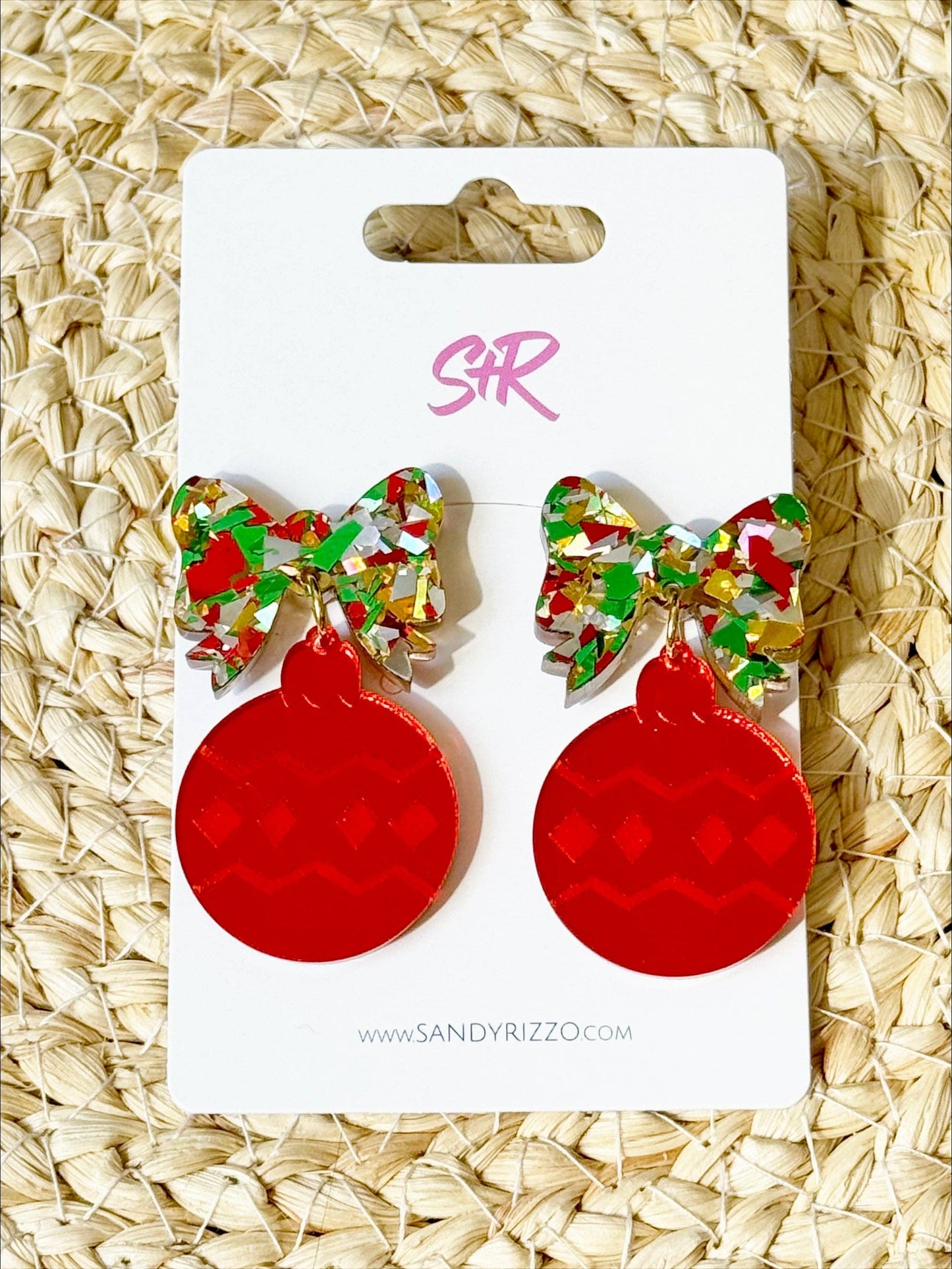 Red Ornament with Traditional Confetti Bow Dangle Earring