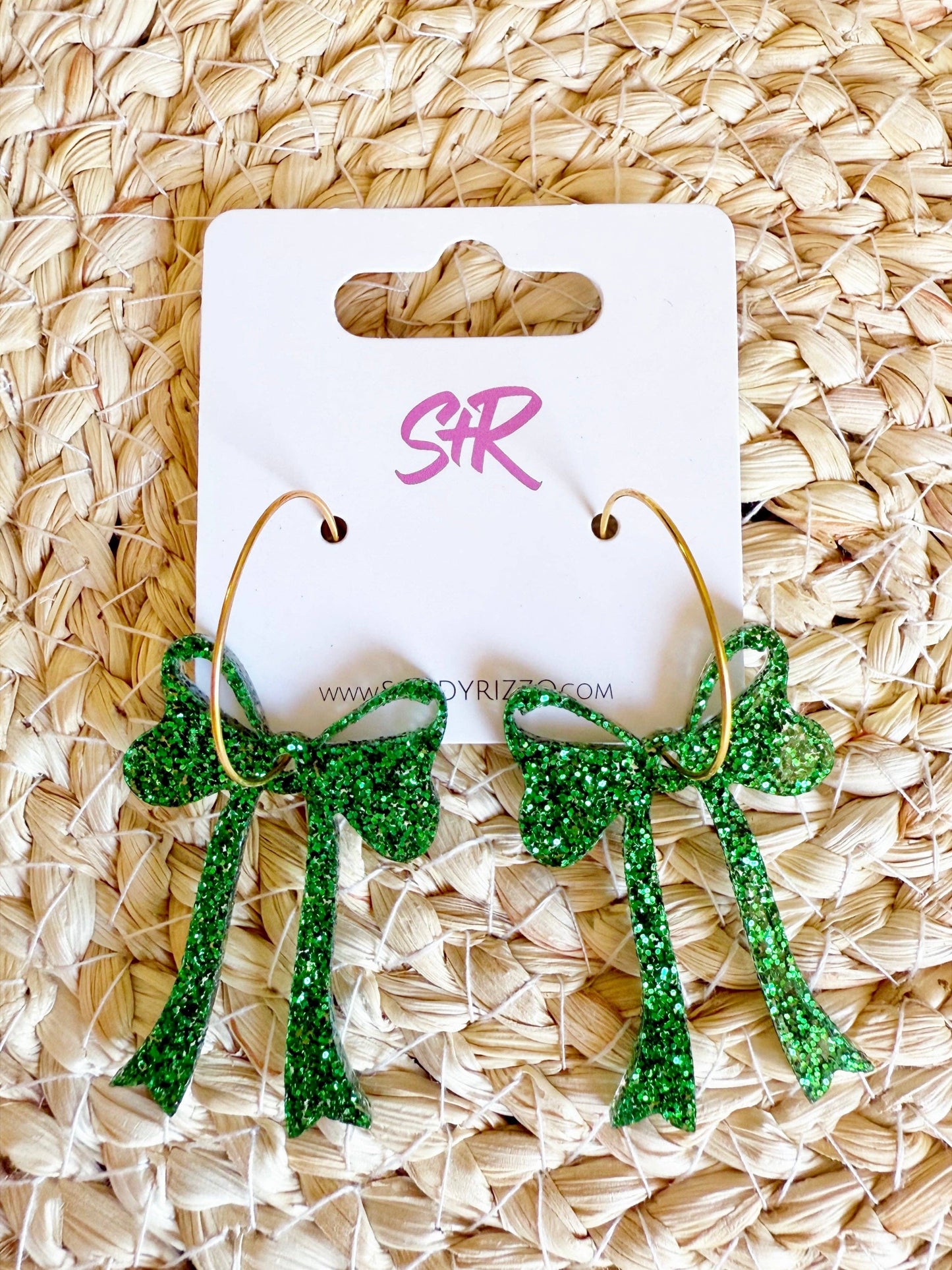 Green Glitter Acrylic Bow Earring on a Hoop