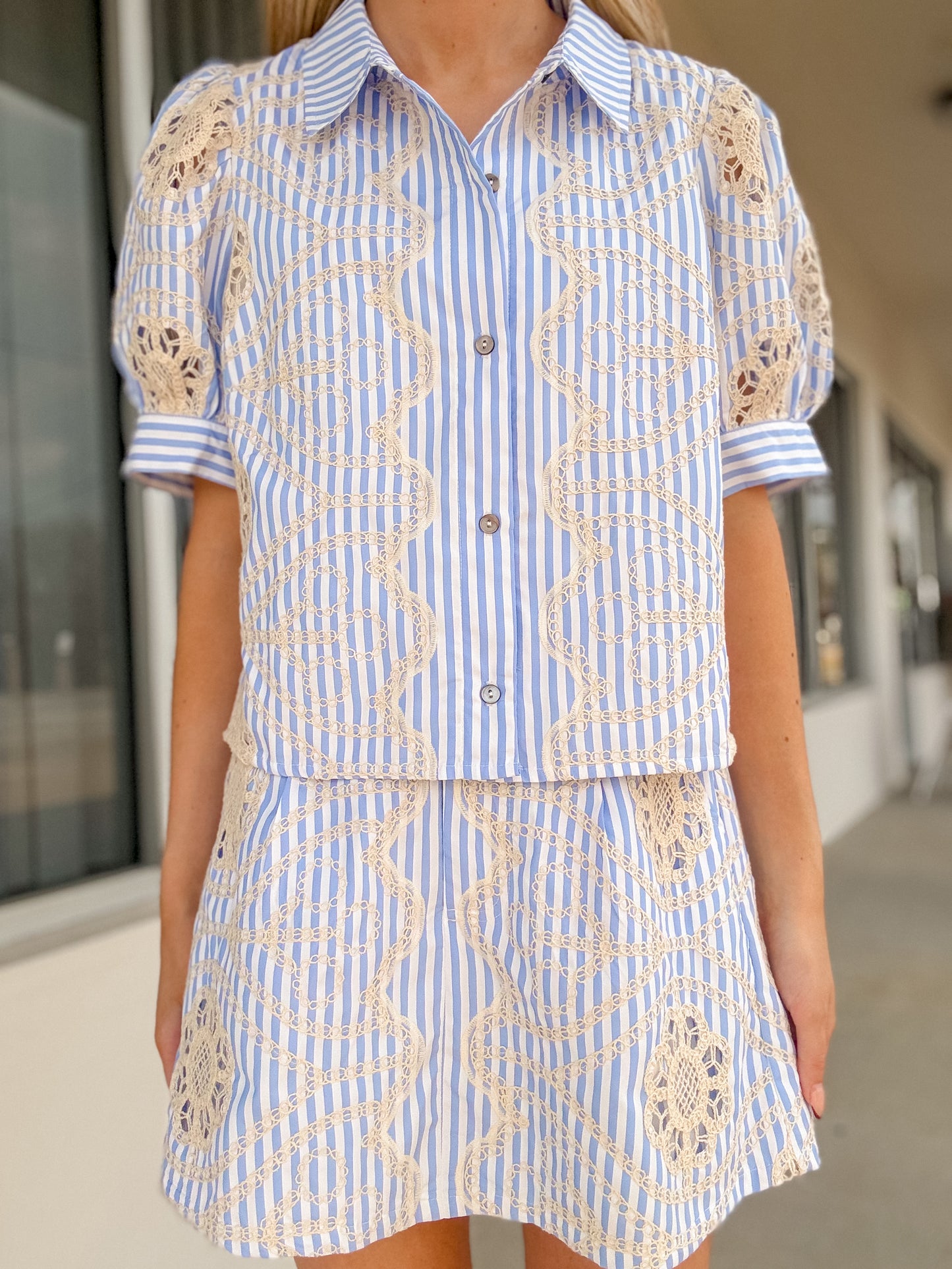 Blue & White Stripe Lace Overlay Shorts Set