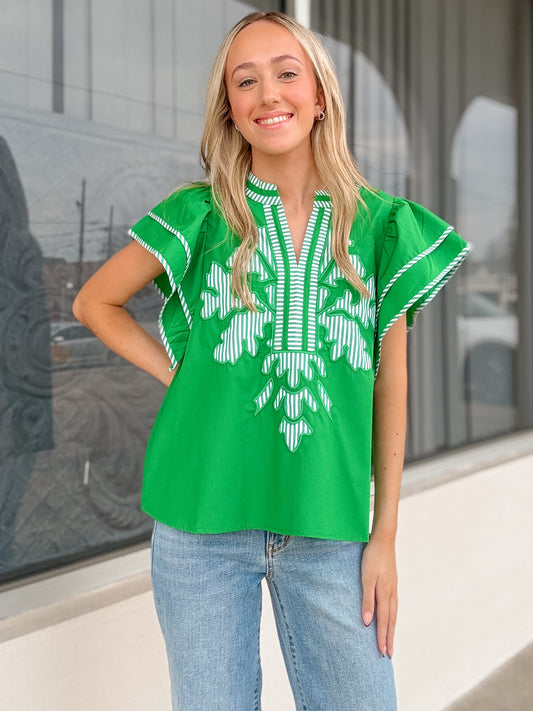 Green Butterfly Sleeve Top