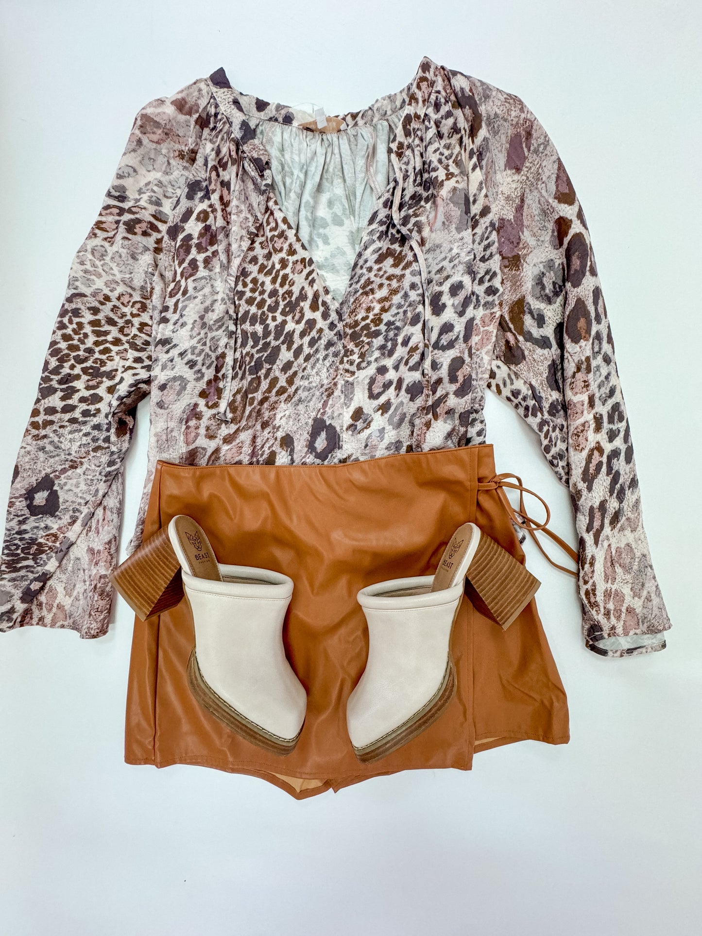 Camel Crush Leather Wrap Skort