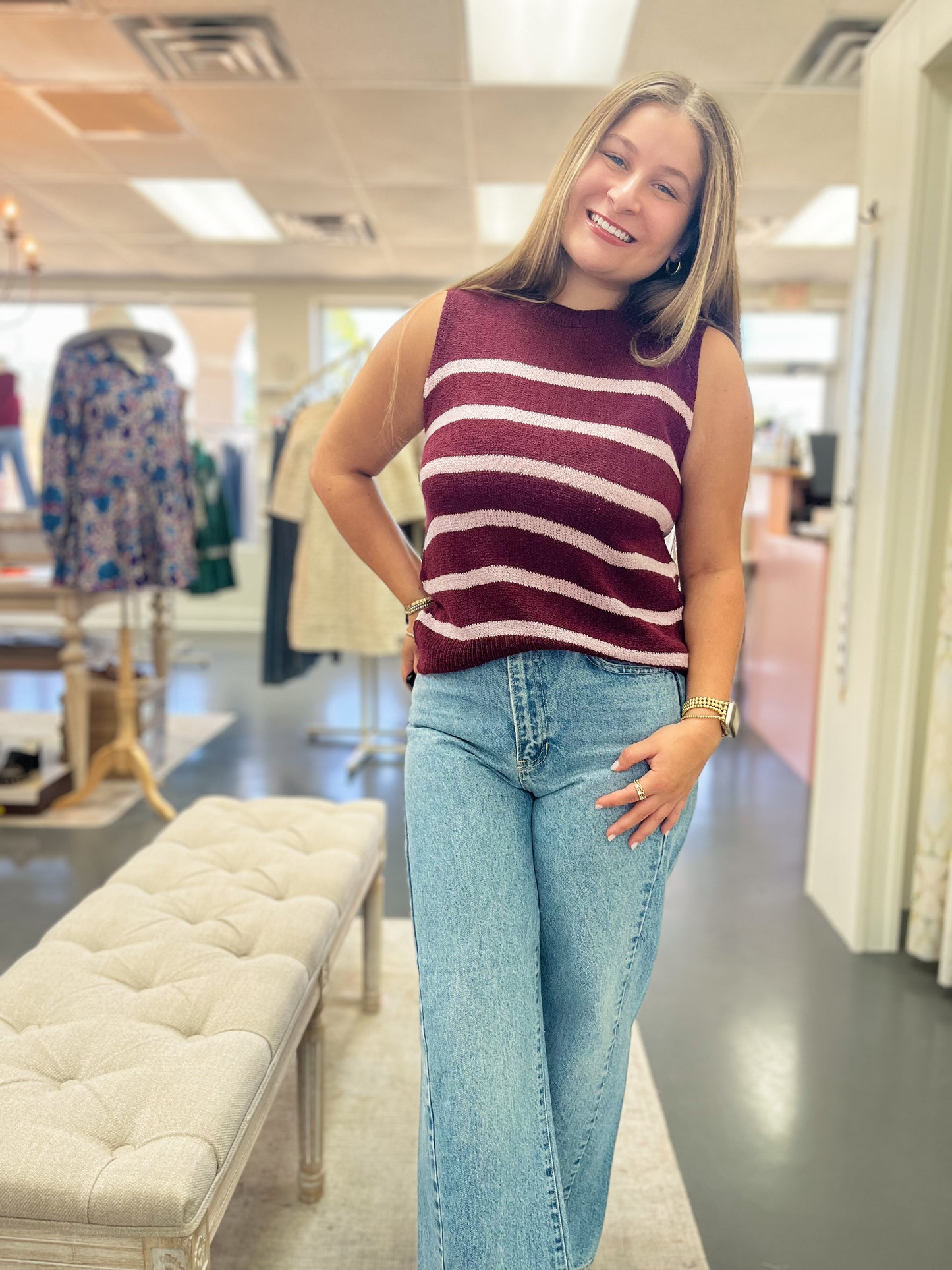 Burgundy Pink Stipe Top