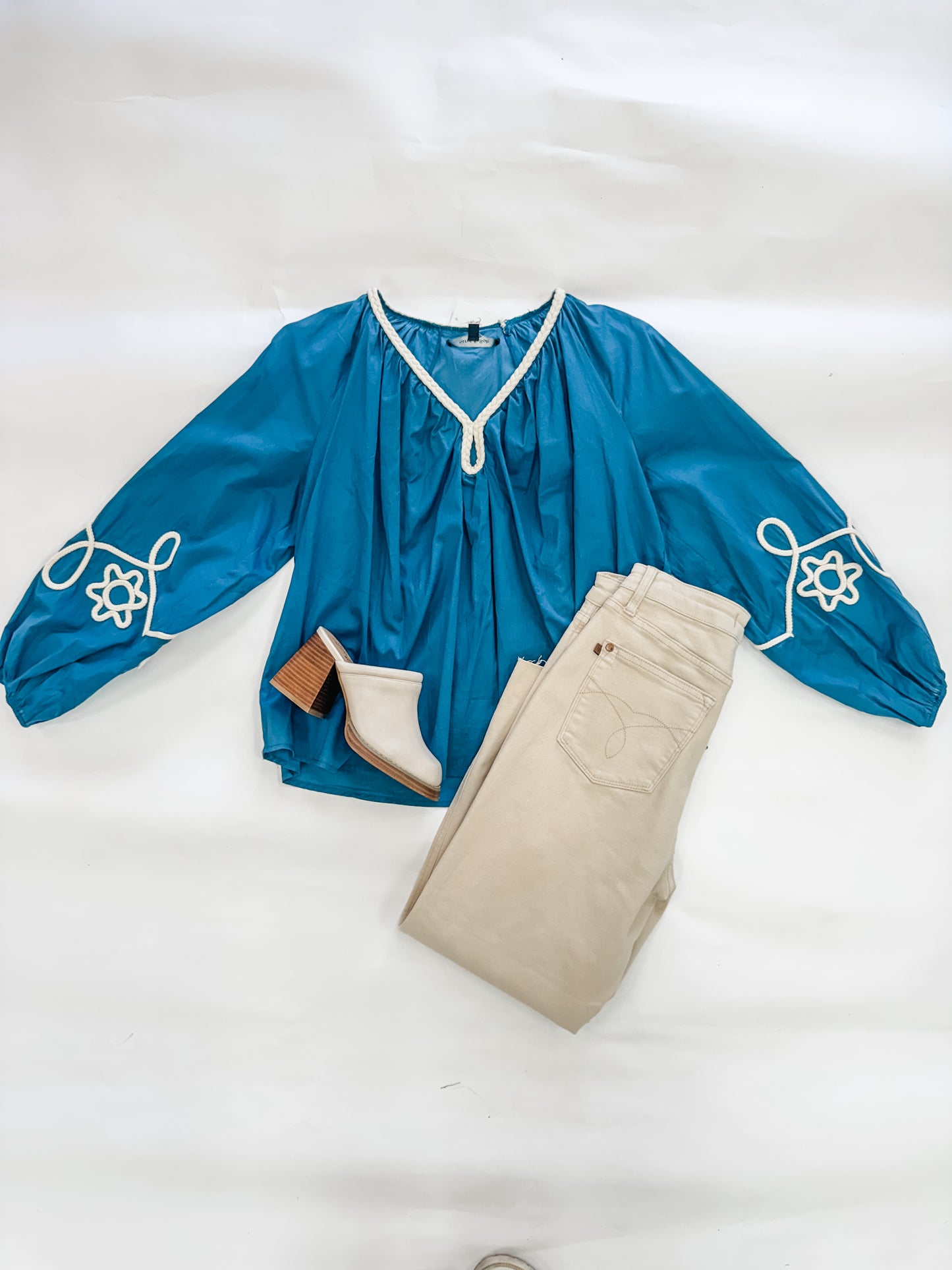 Braided V-Neck Teal Blouse