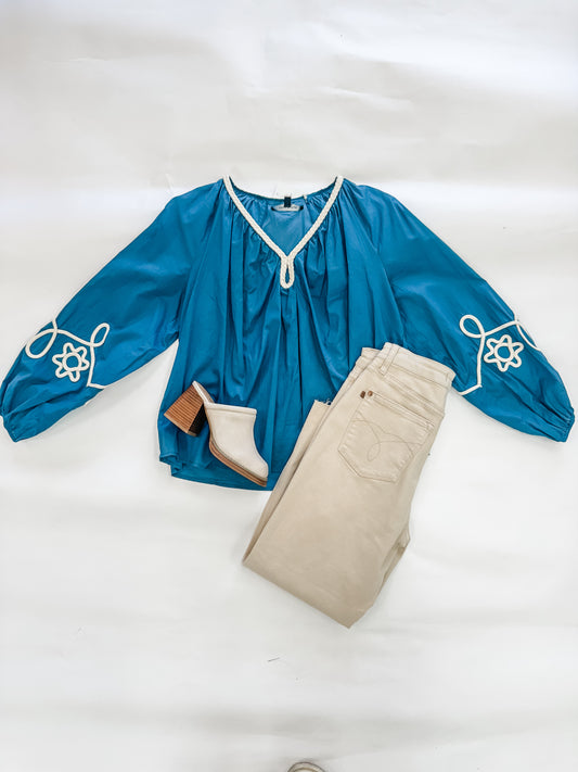 Braided V-Neck Teal Blouse