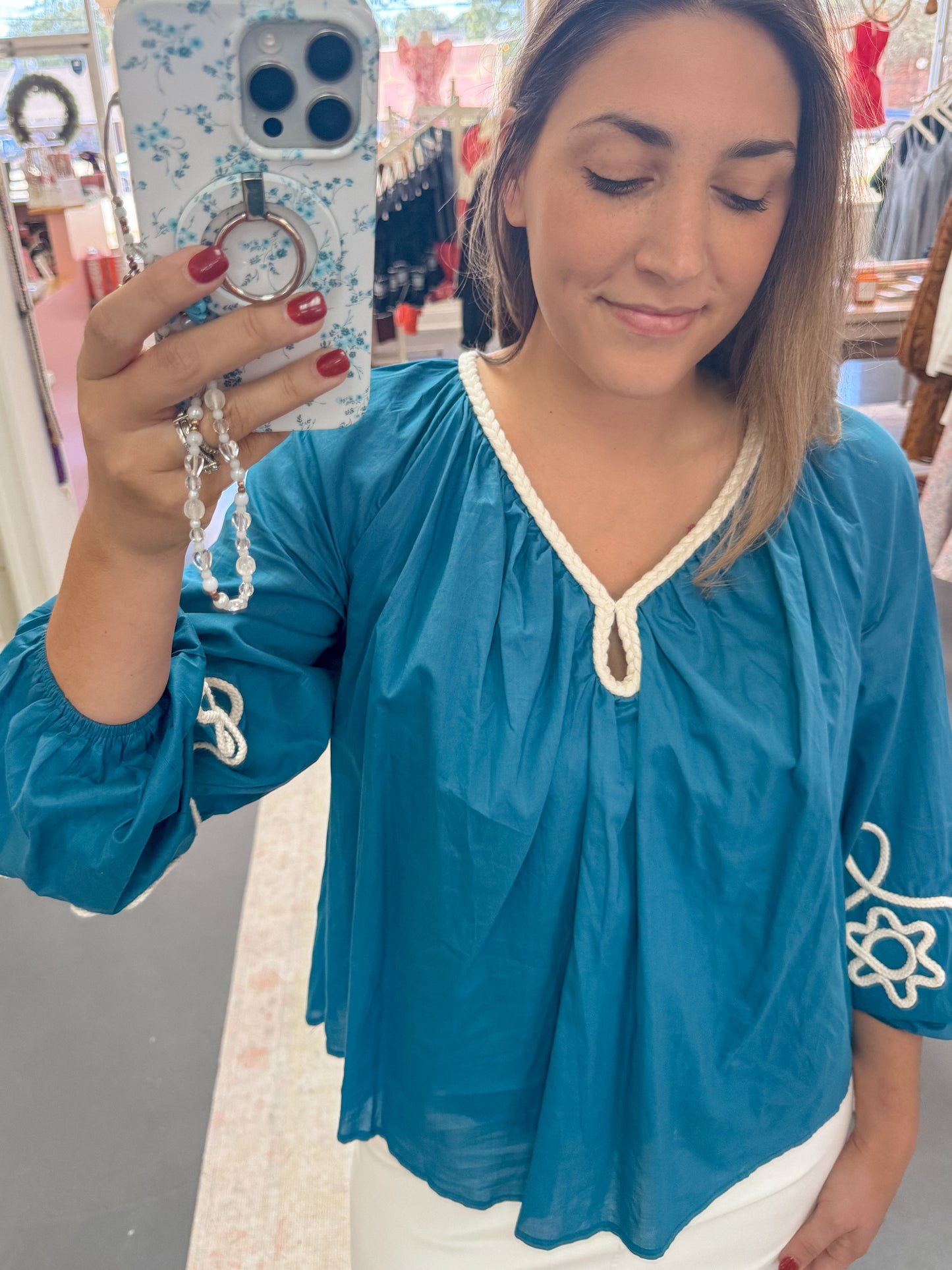 Braided V-Neck Teal Blouse