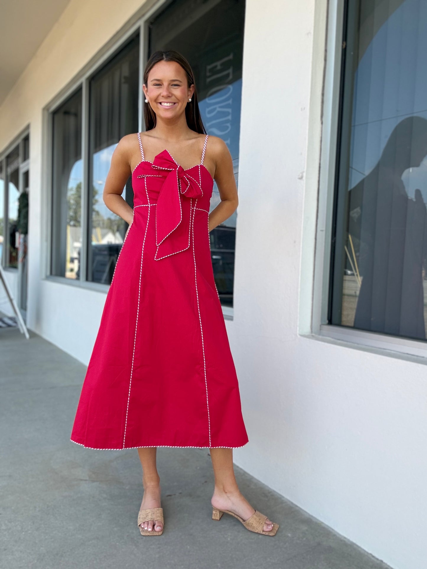Red and White Bow Midi Dress
