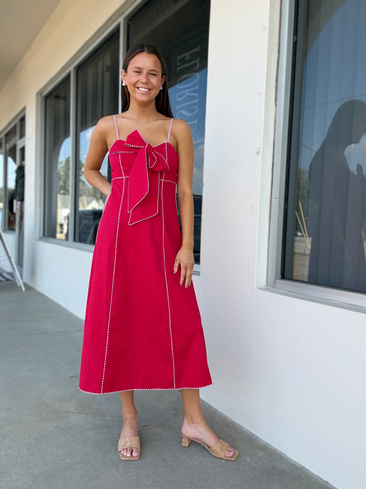 Red and White Bow Midi Dress