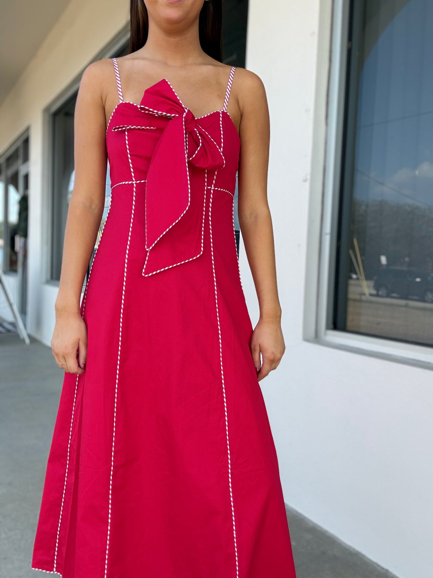 Red and White Bow Midi Dress