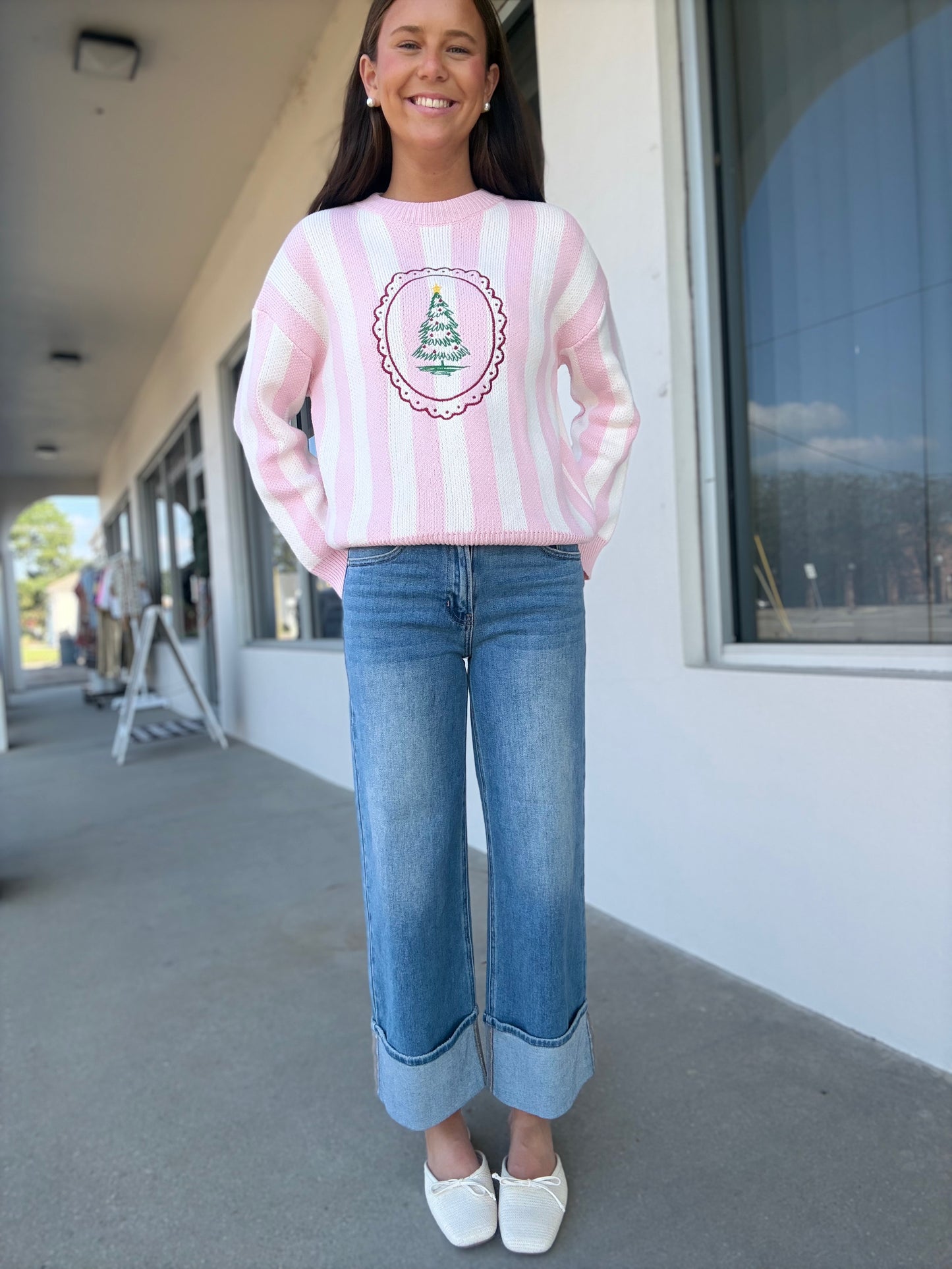 Christmas Tree Classic Pink Stripe Sweater