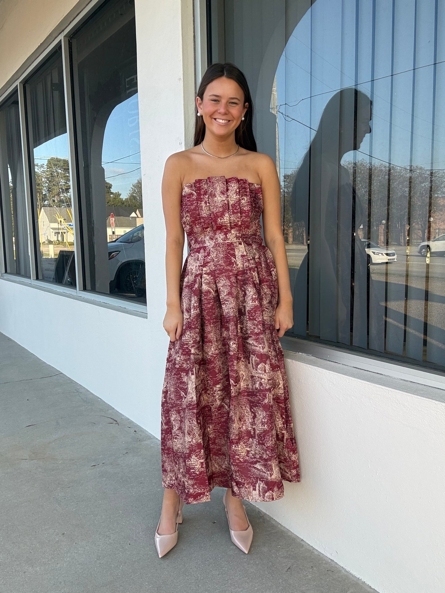 Burgundy & Gold Toile Midi Dress