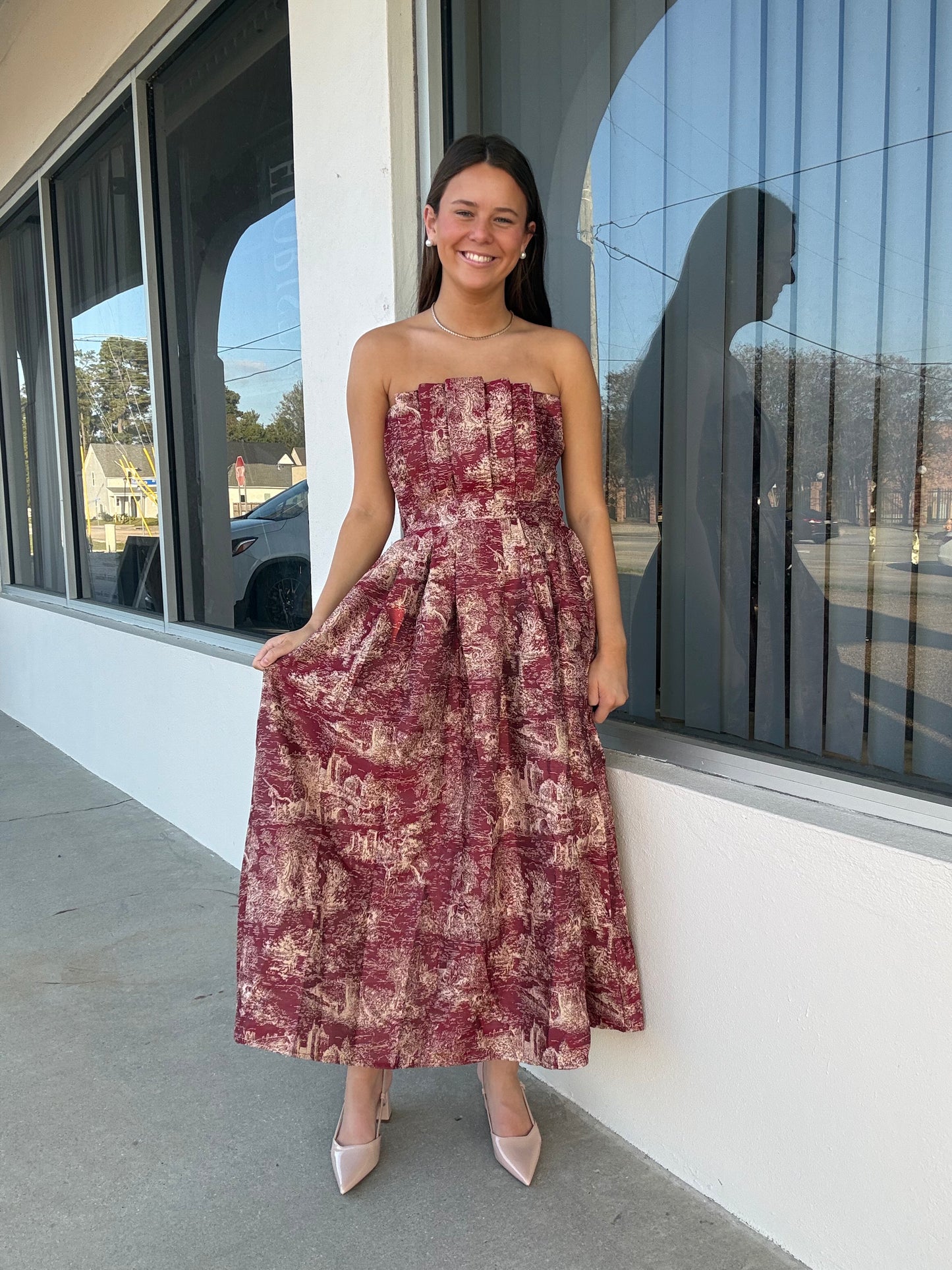 Burgundy & Gold Toile Midi Dress