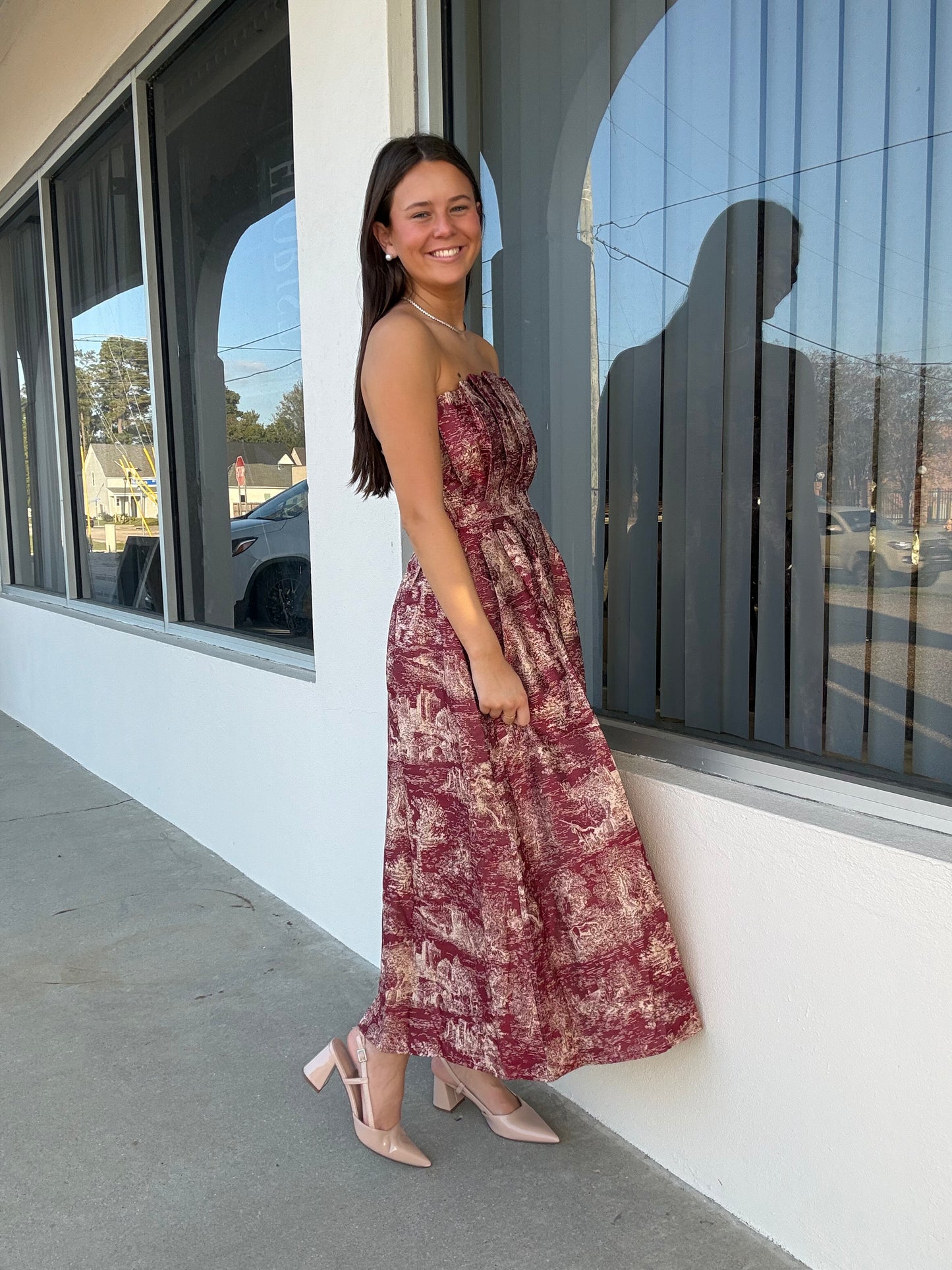 Burgundy & Gold Toile Midi Dress