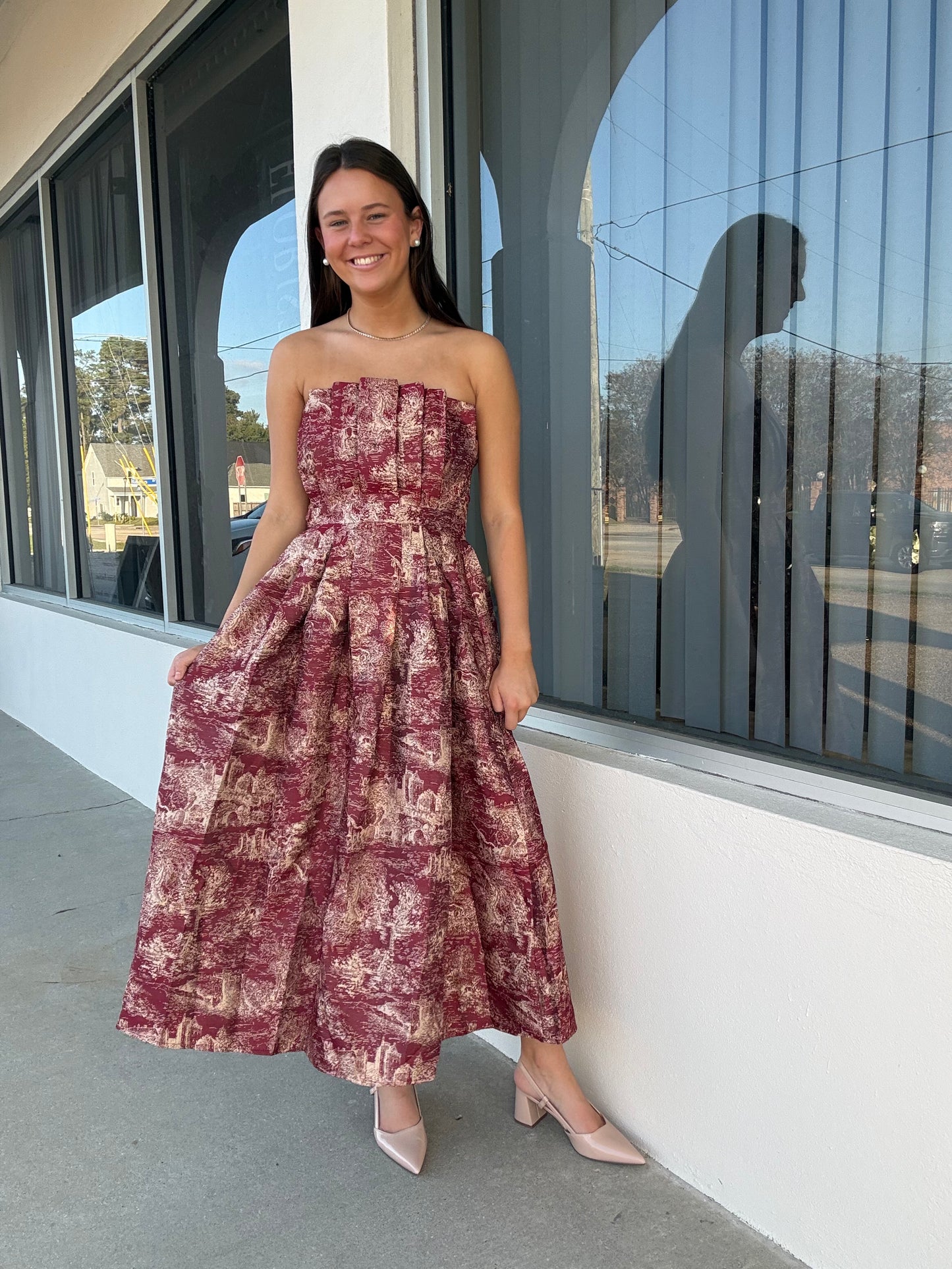 Burgundy & Gold Toile Midi Dress