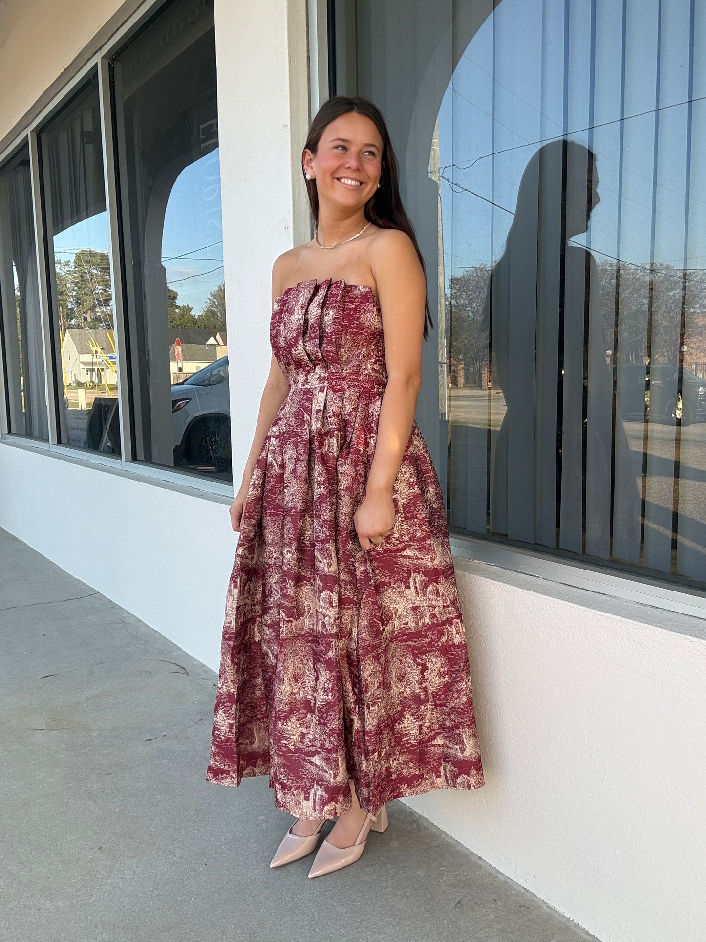 Burgundy & Gold Toile Midi Dress
