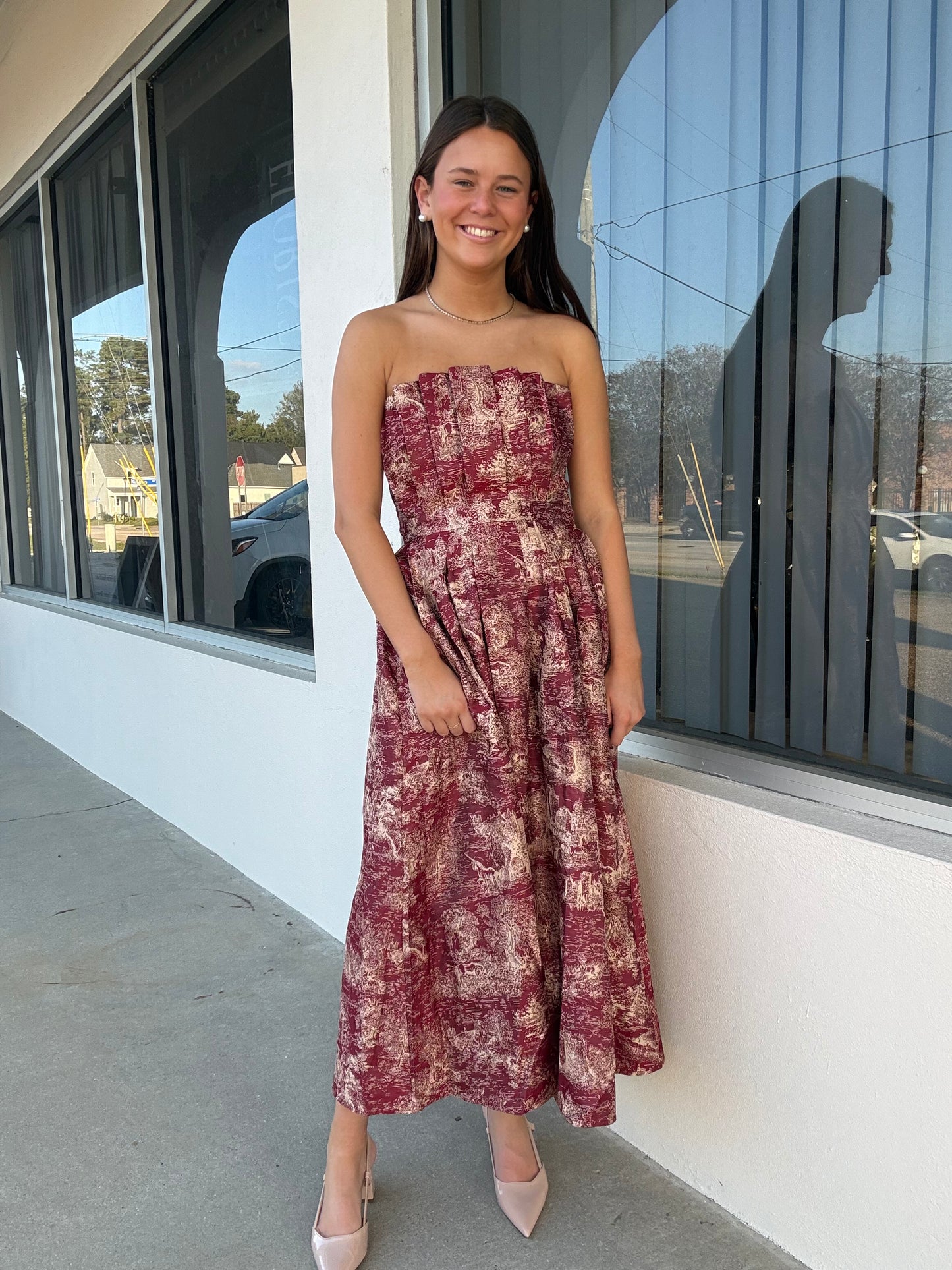 Burgundy & Gold Toile Midi Dress