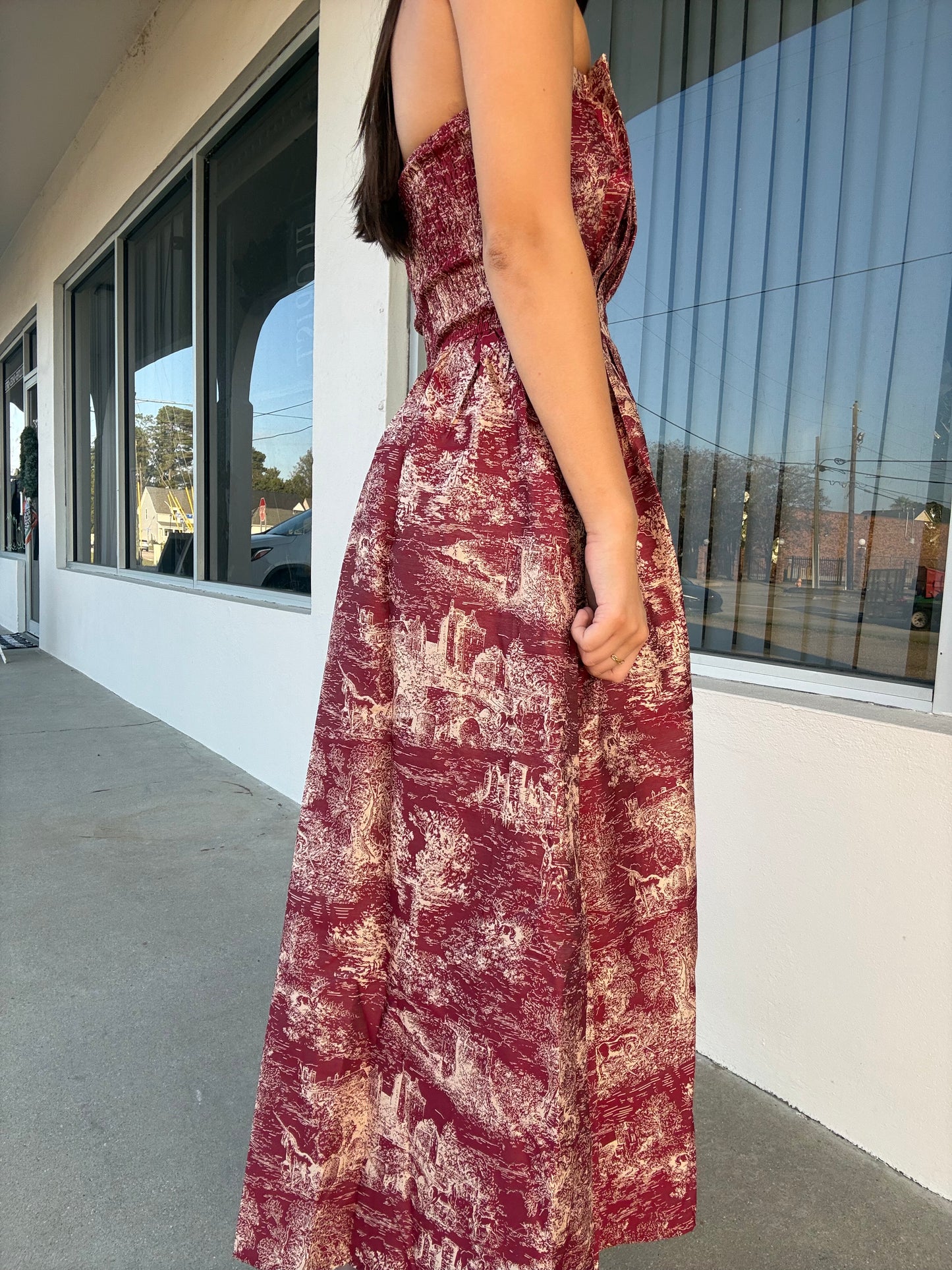Burgundy & Gold Toile Midi Dress