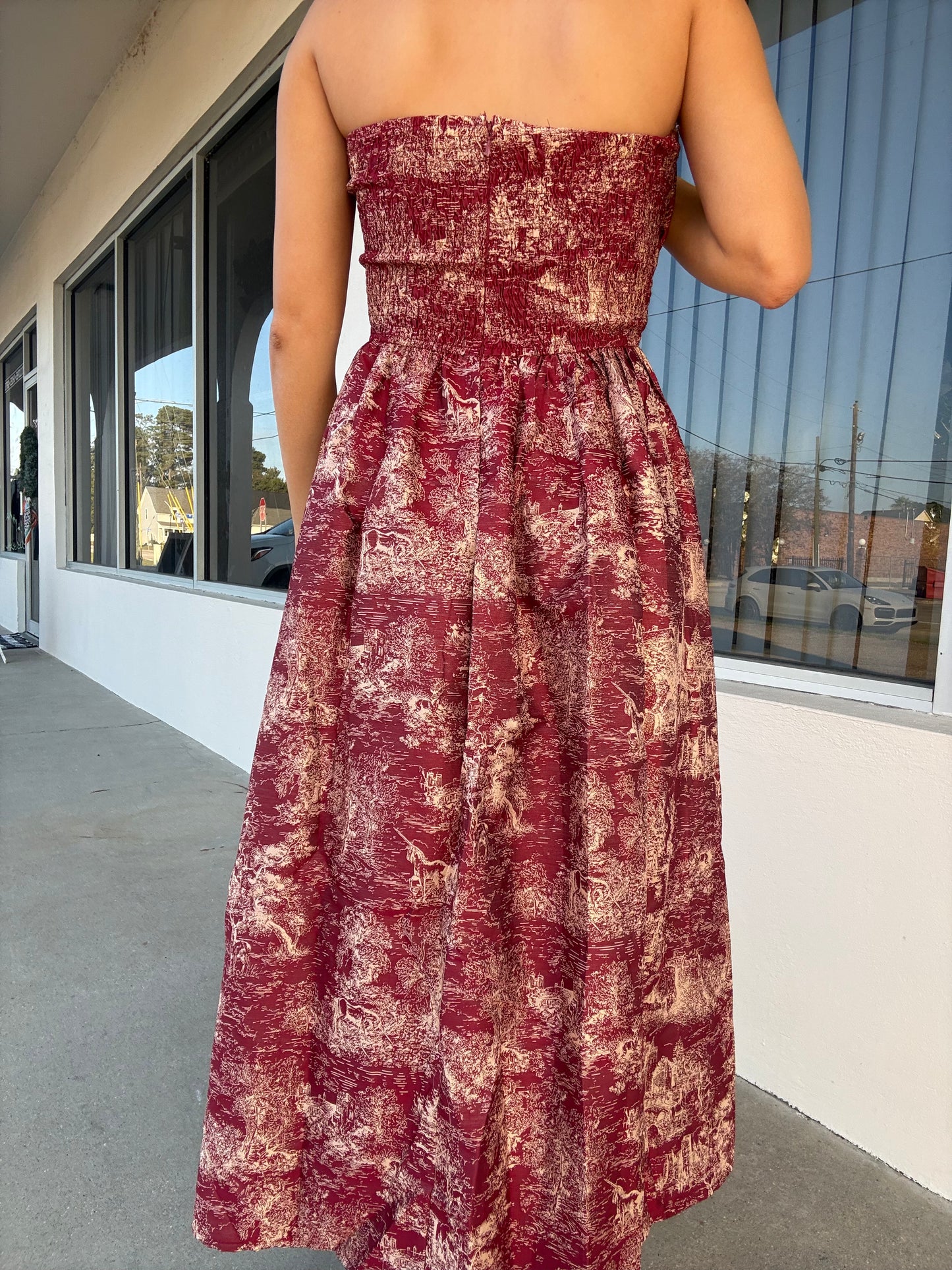 Burgundy & Gold Toile Midi Dress