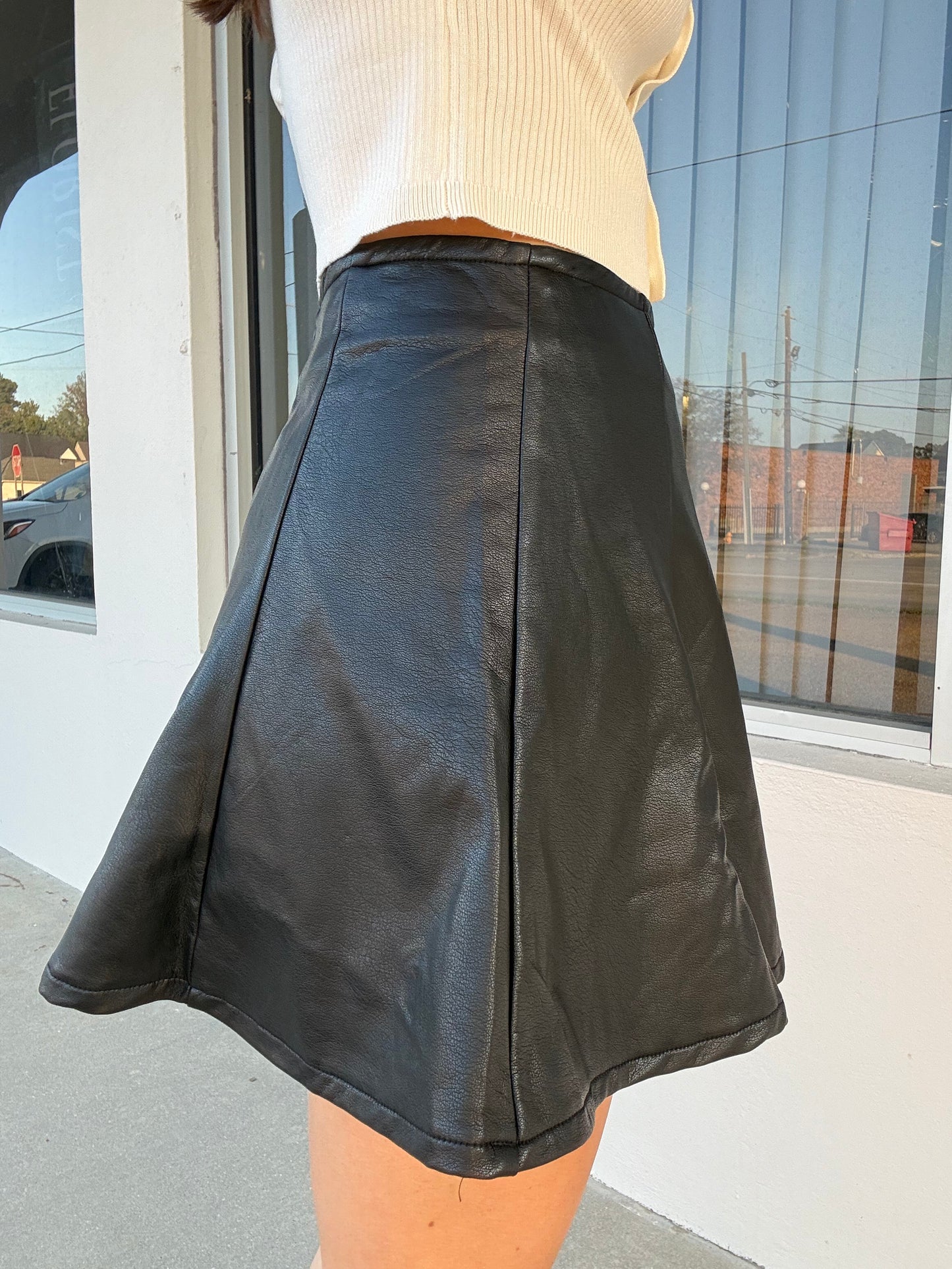 Black Leather Flare Skirt