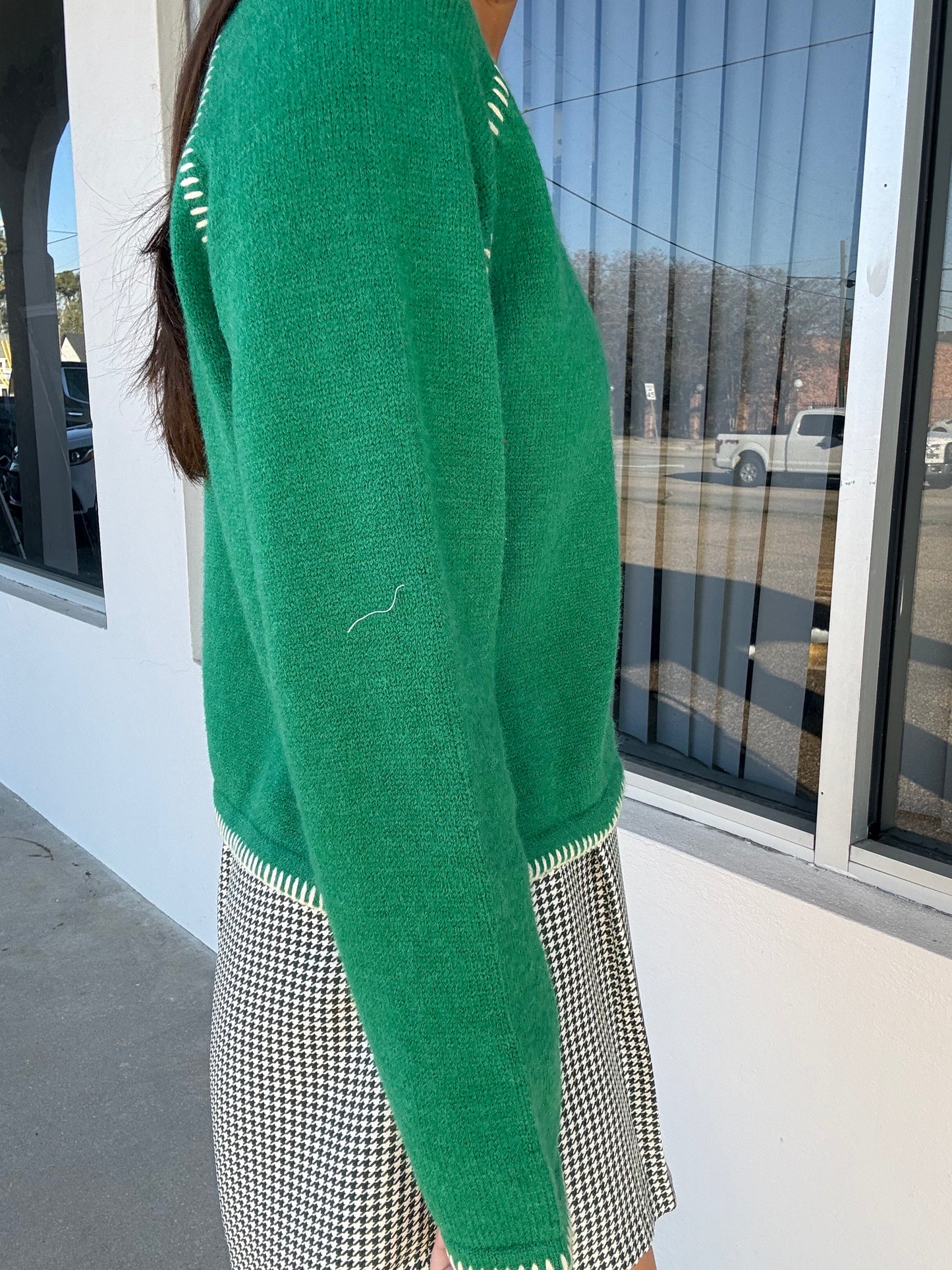 Green Sweater With Ivory Stitching