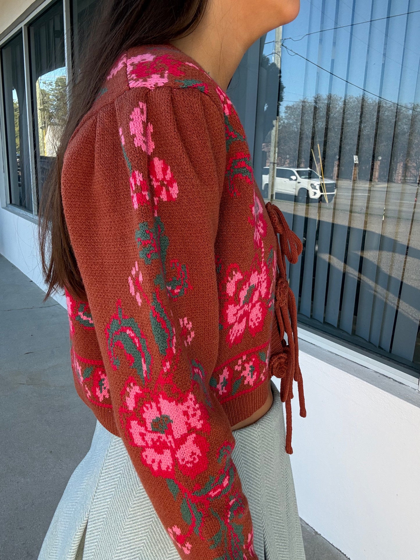 Brown Floral Bow Sweater