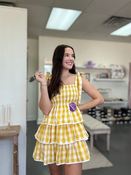 Gingham Mustard Tiered Dress
