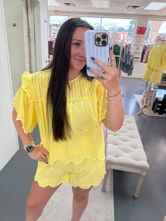 Lemon Eyelet Yellow Shorts