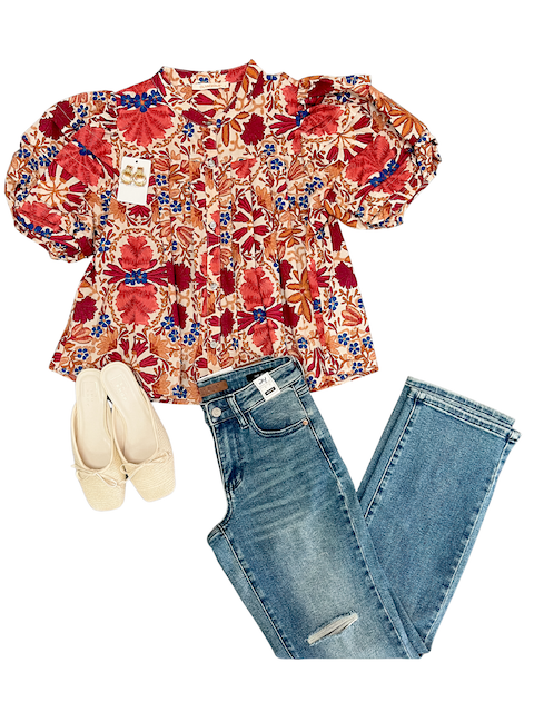 Rust Floral Balloon Button Down