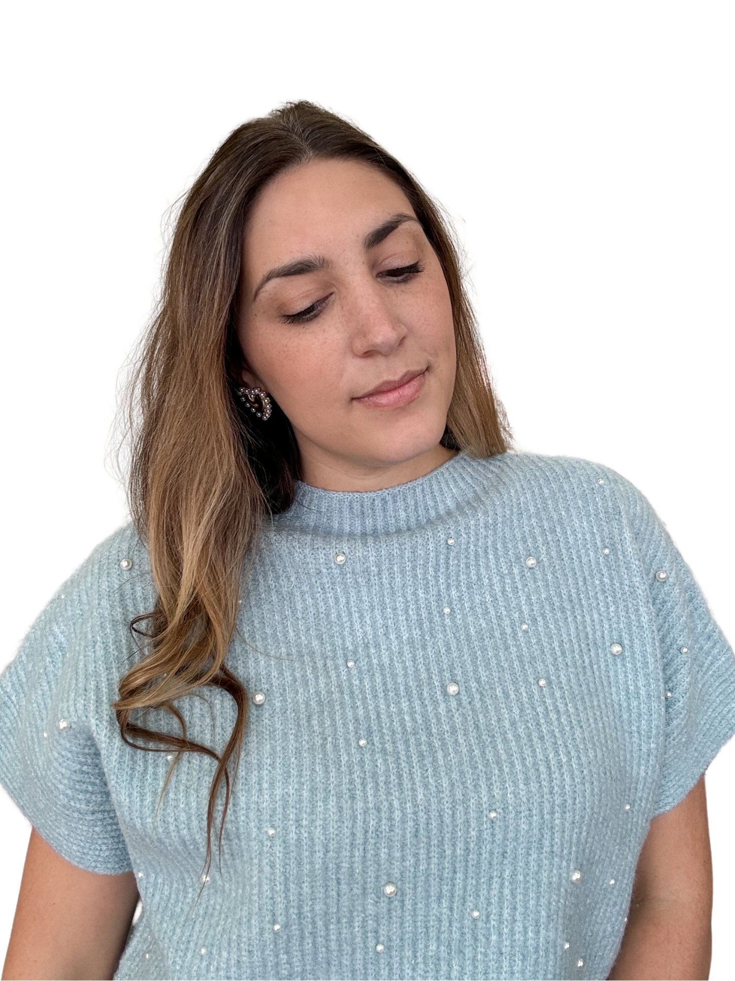 Ice Blue Mock Neck Pearl Sweater