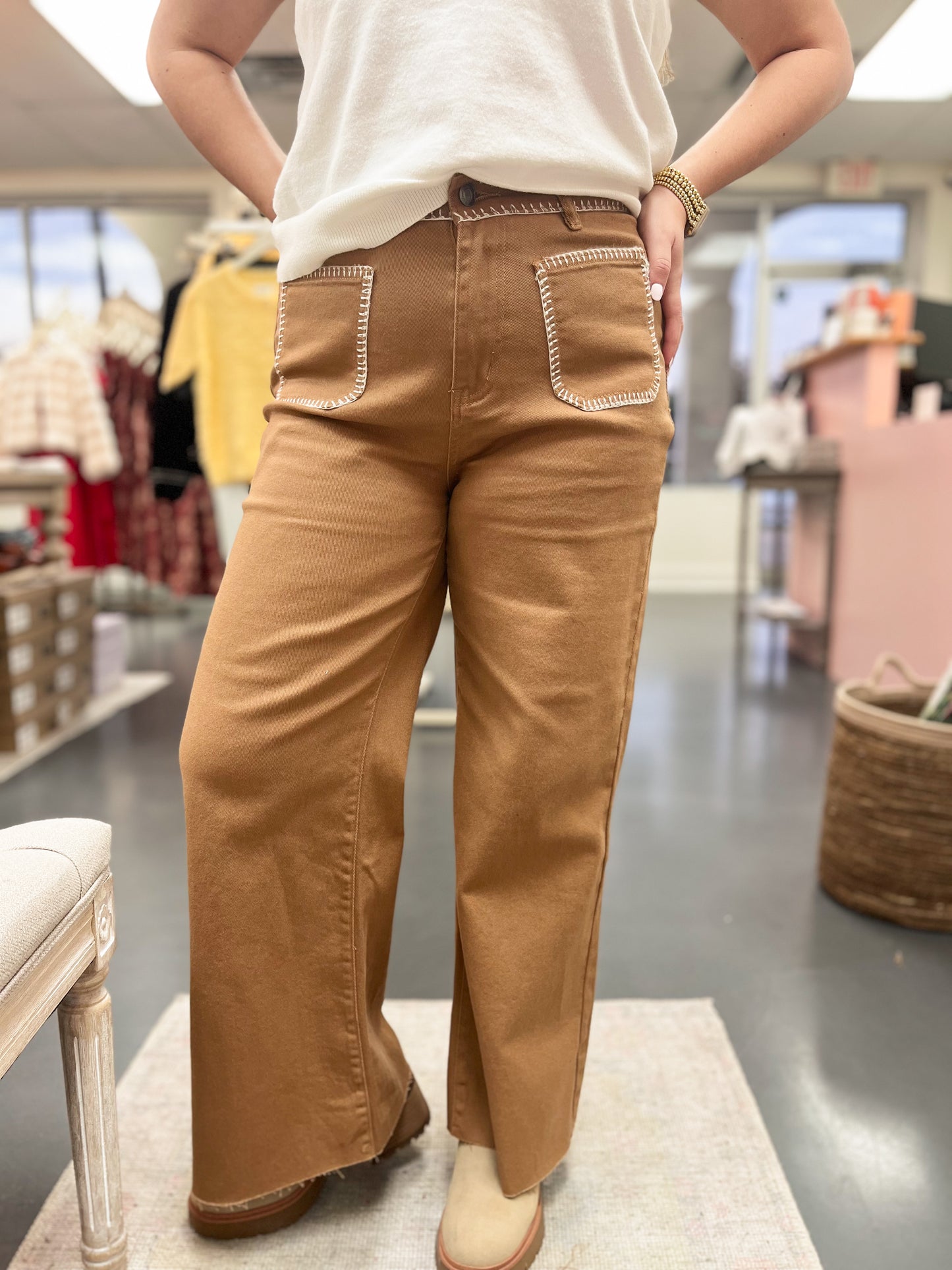 Stitch Detail Brown Denim Pants