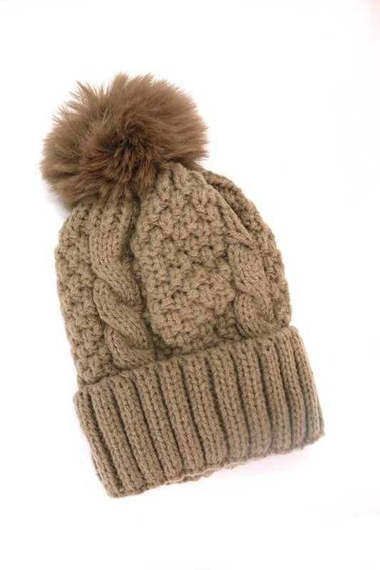Brown/Cream Pom Pom Hat
