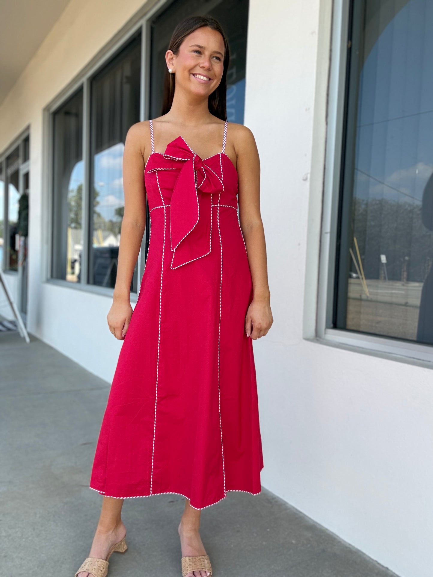 Red and White Bow Midi Dress