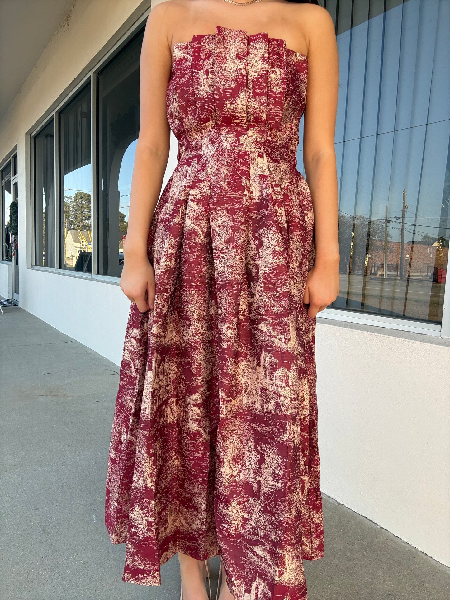 Burgundy & Gold Toile Midi Dress