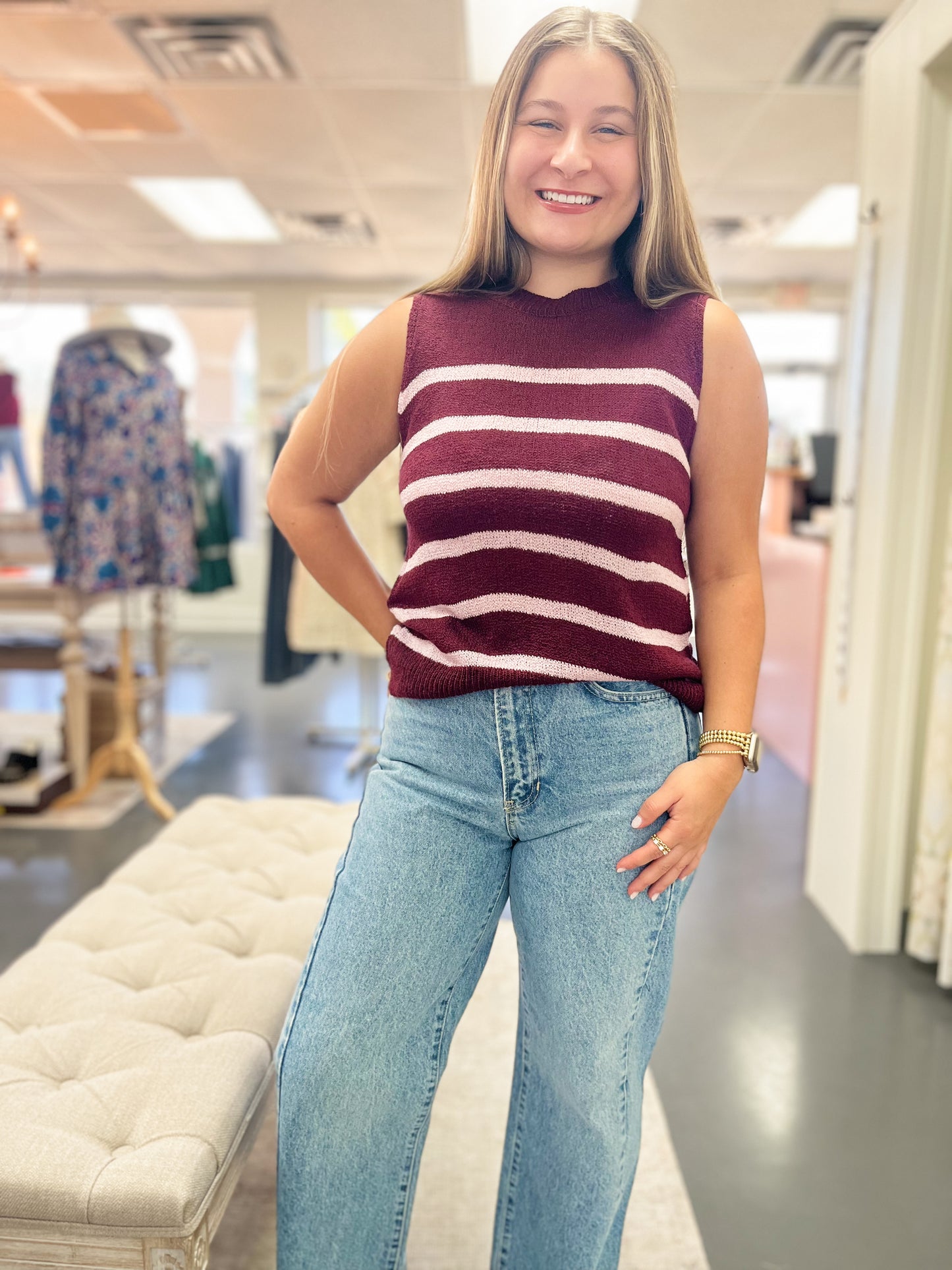 Burgundy Pink Stipe Top