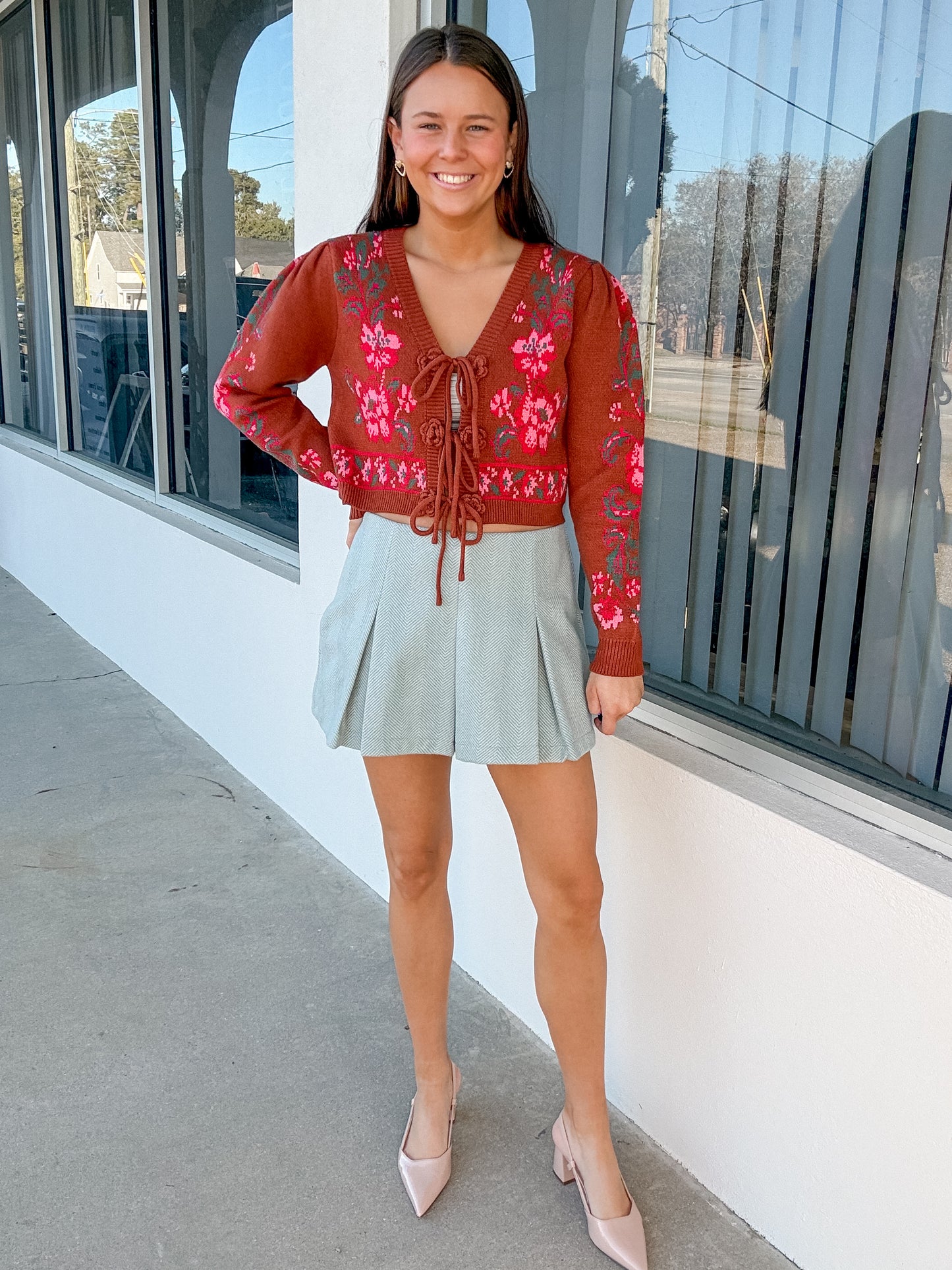 Brown Floral Bow Sweater